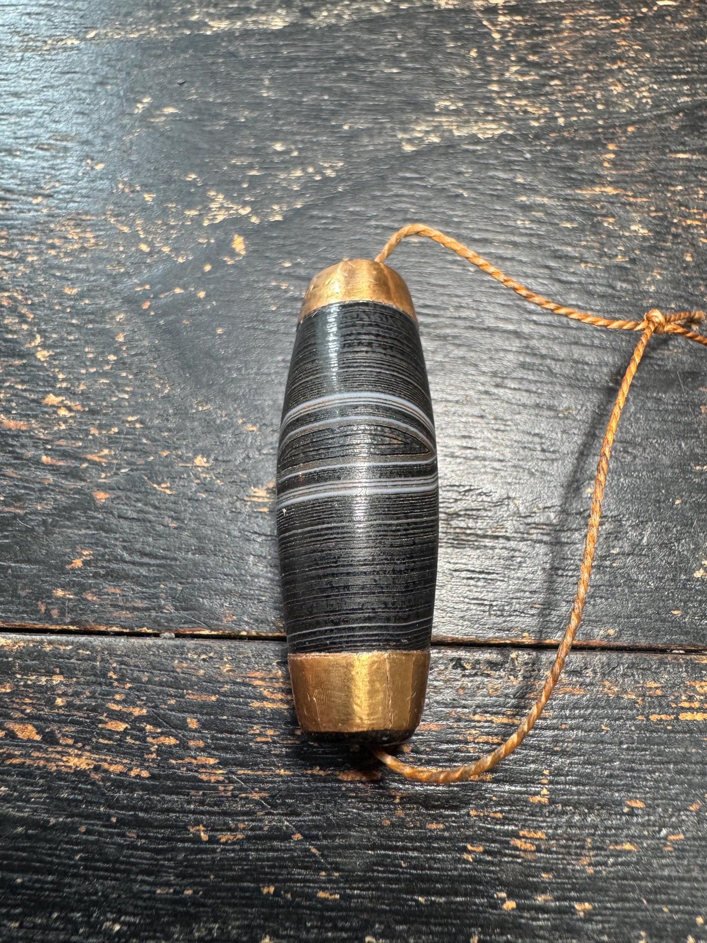 Black Eye Agate Dzi Style Bead Pendant • Vintage Banded Agate with Brass Caps • Tibetan Amulet • Himalayan Barrel Bead