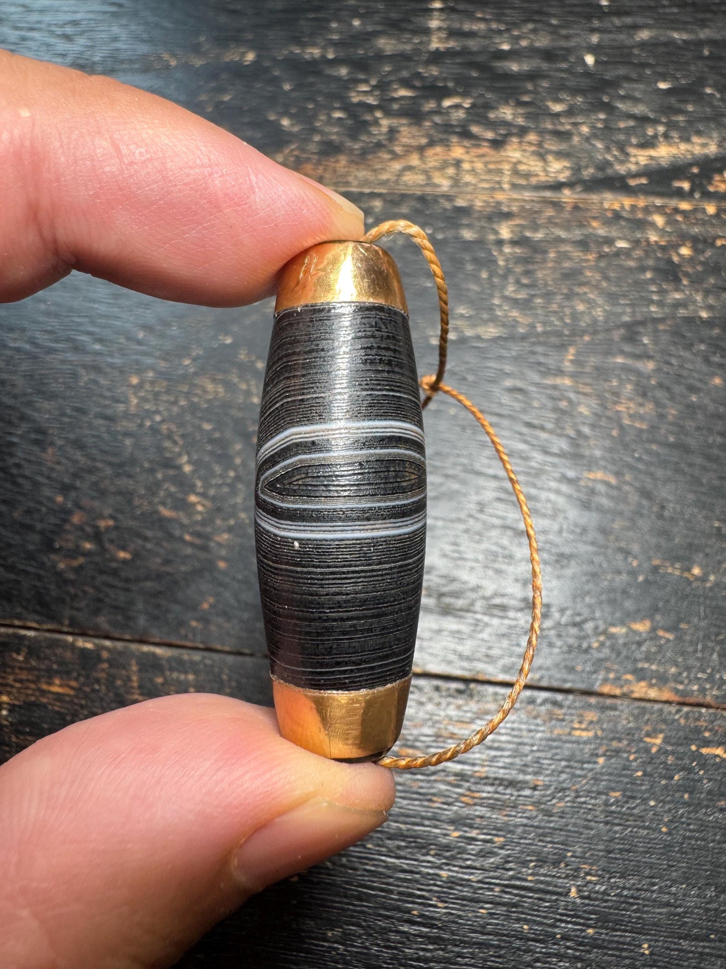 Black Eye Agate Dzi Style Bead Pendant • Vintage Banded Agate with Brass Caps • Tibetan Amulet • Himalayan Barrel Bead