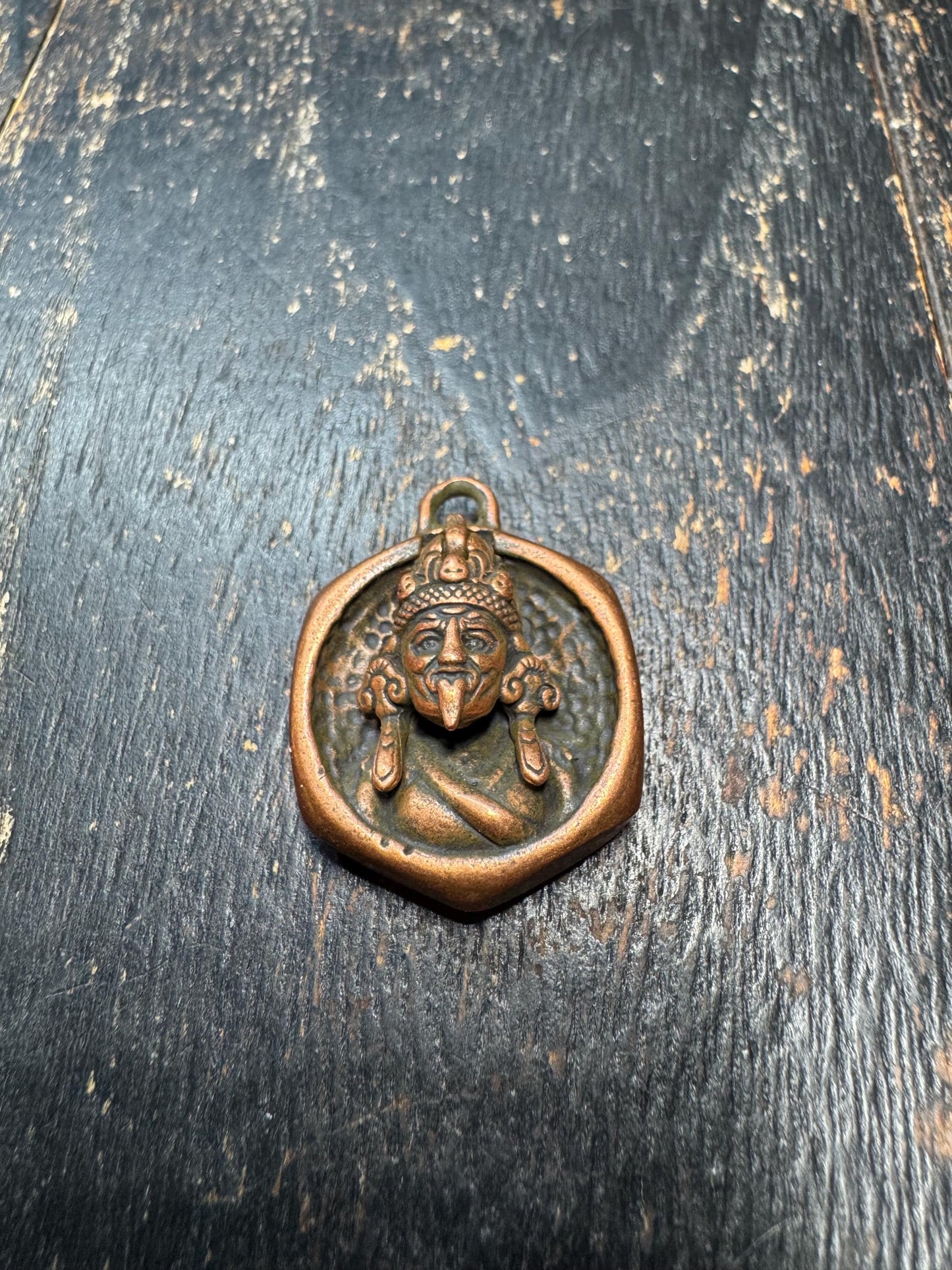 Vintage Brass Himalayan Protector Pendant – Dual-Sided Buddhist Amulet, Mahakala-Inspired Ritual Jewelry, Tibetan Brass Talisman