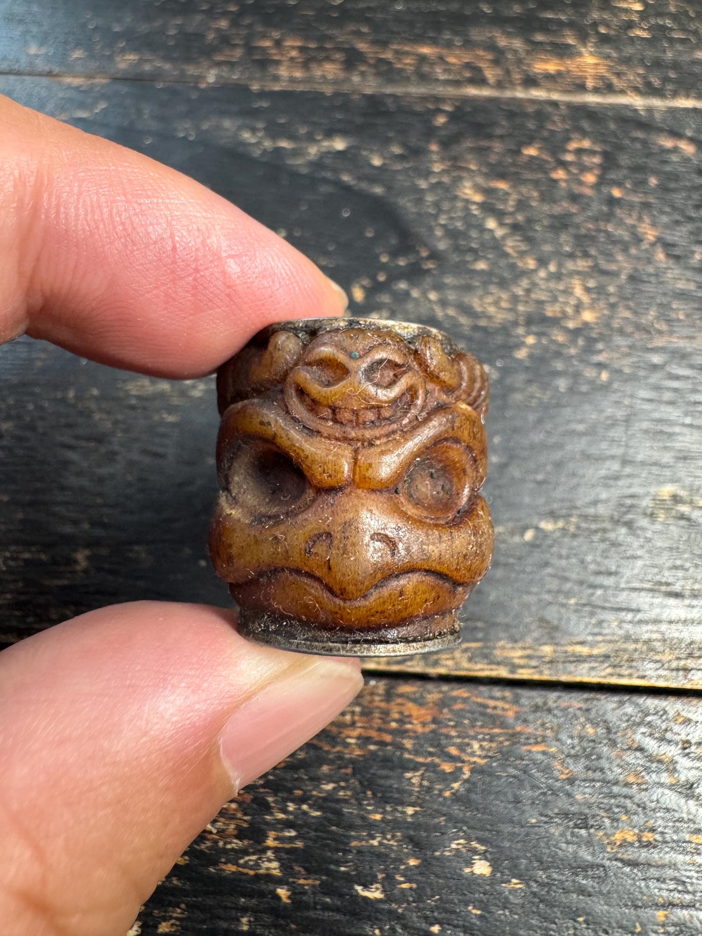 Vintage Nepal Tibetan Carved Yak Bone Garuda & Citipati Skull Bead, Double-Sided Buddhist Talisman, Mala Guru Bead, Protective Amulet(H726)