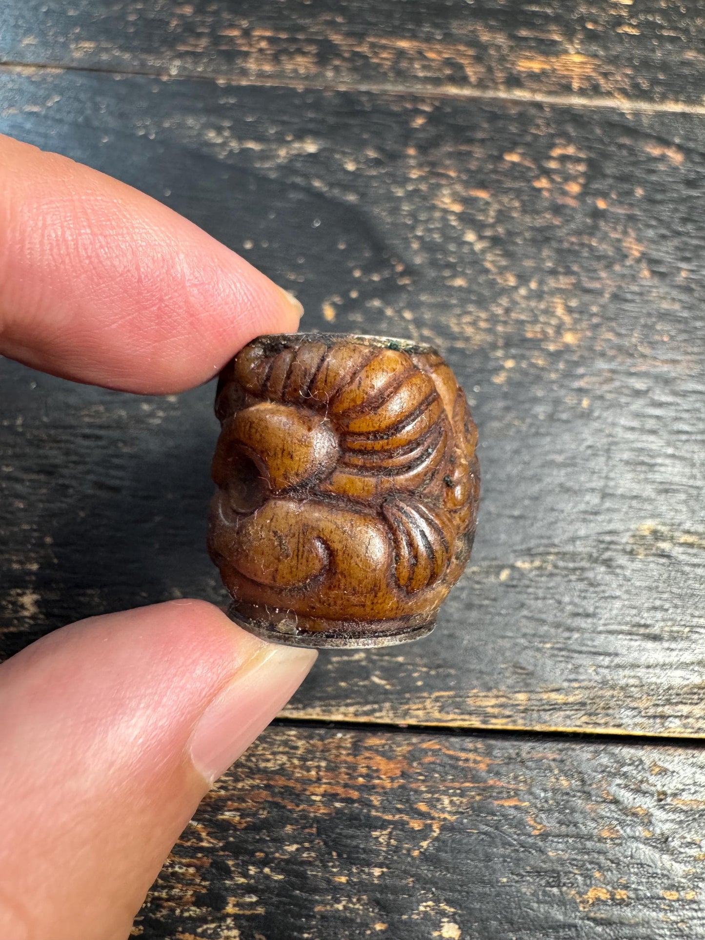 Vintage Nepal Tibetan Carved Yak Bone Garuda & Citipati Skull Bead, Double-Sided Buddhist Talisman, Mala Guru Bead, Protective Amulet(H726)
