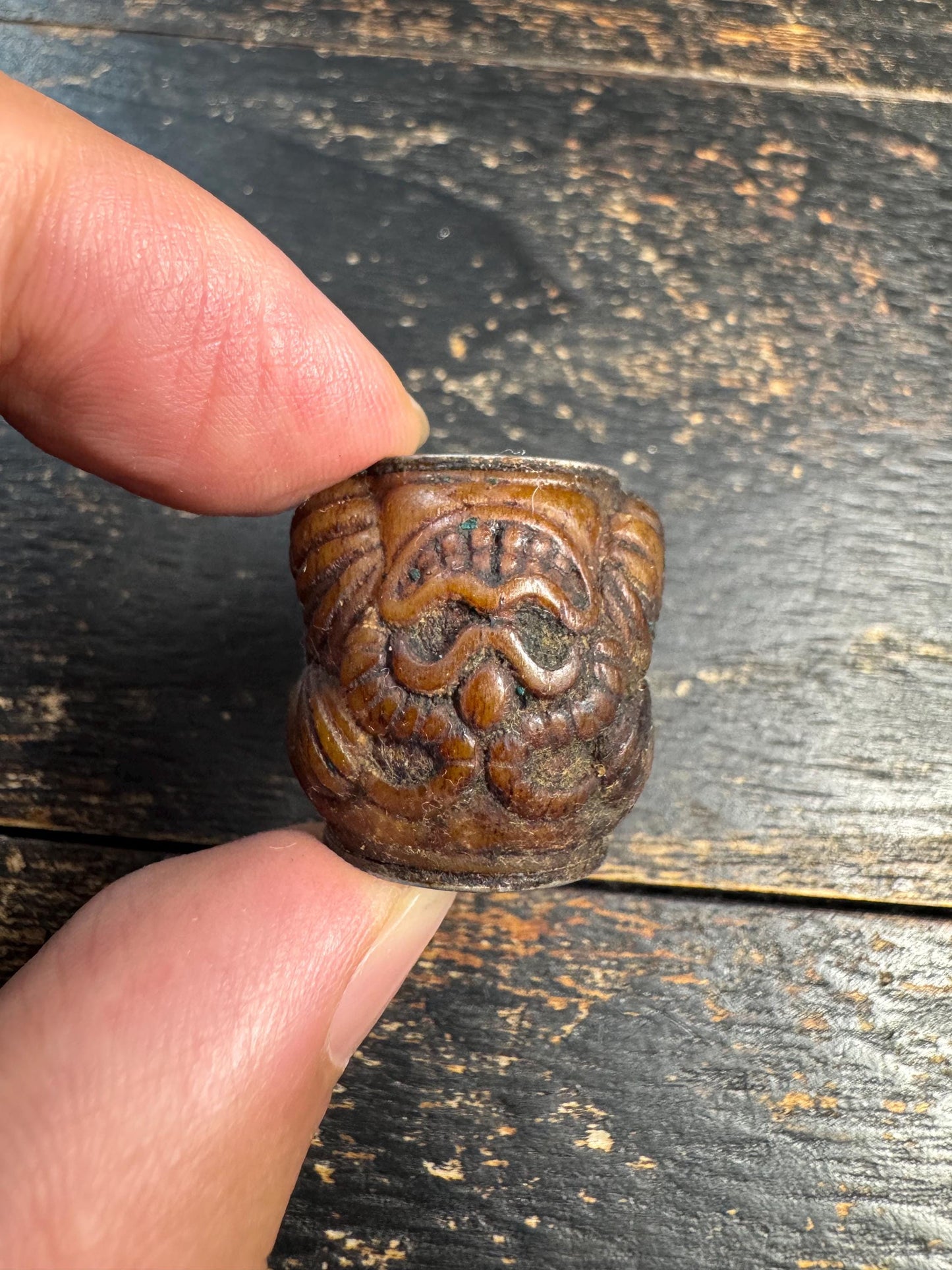 Vintage Nepal Tibetan Carved Yak Bone Garuda & Citipati Skull Bead, Double-Sided Buddhist Talisman, Mala Guru Bead, Protective Amulet(H726)