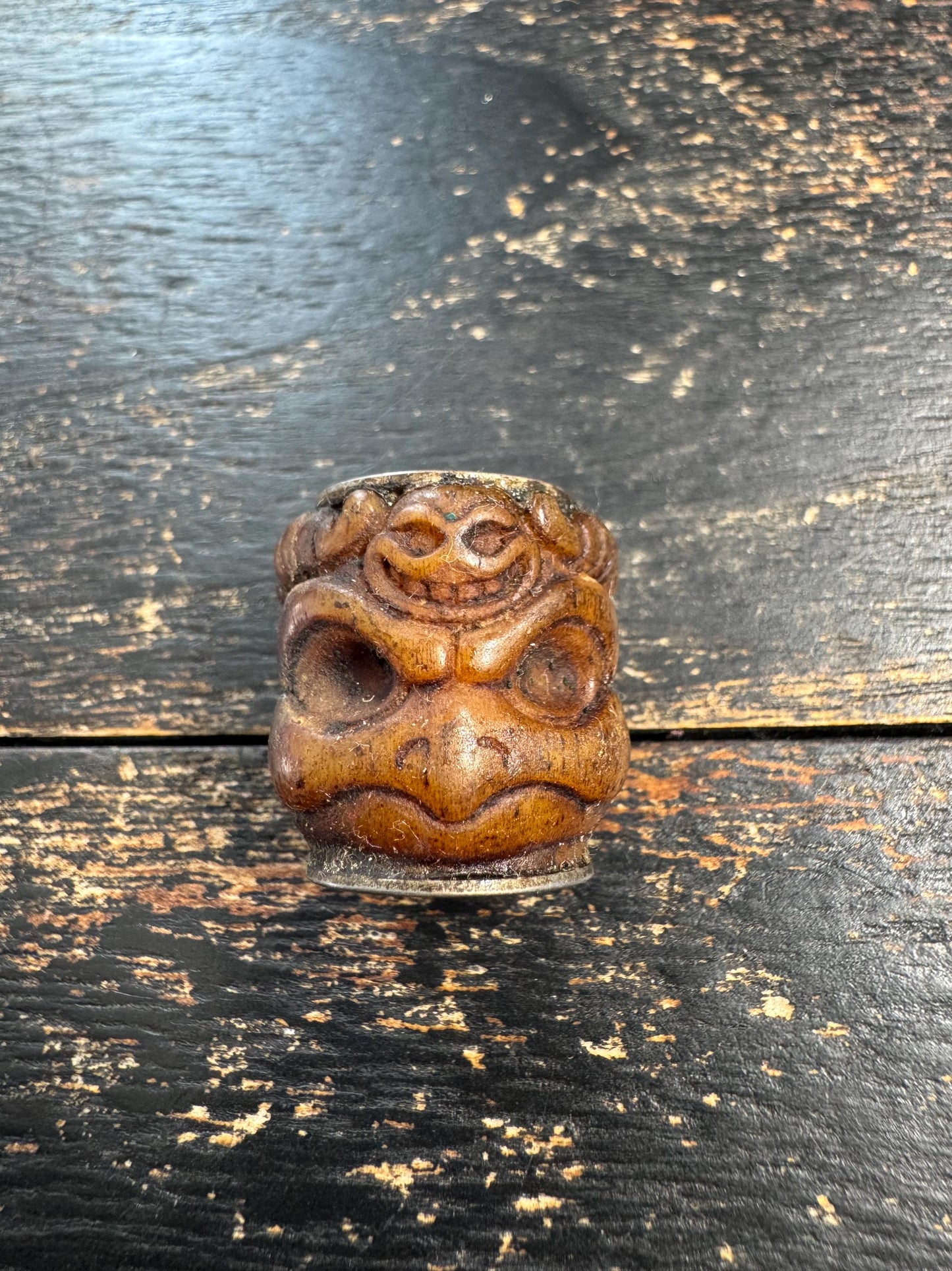 Vintage Nepal Tibetan Carved Yak Bone Garuda & Citipati Skull Bead, Double-Sided Buddhist Talisman, Mala Guru Bead, Protective Amulet(H726)