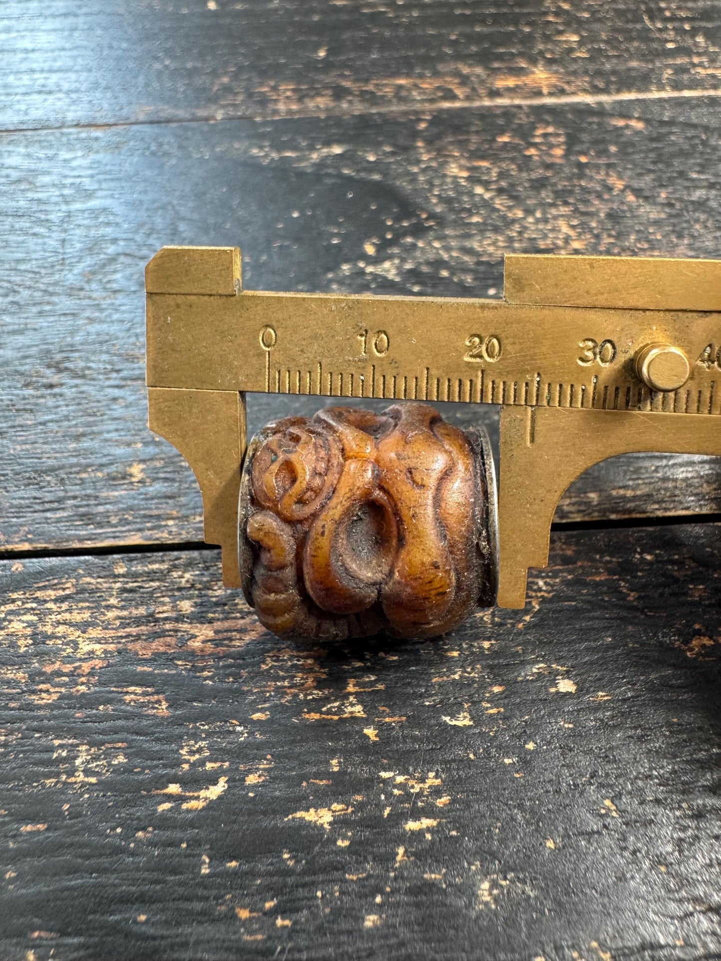 Vintage Nepal Tibetan Carved Yak Bone Garuda & Citipati Skull Bead, Double-Sided Buddhist Talisman, Mala Guru Bead, Protective Amulet(H726)