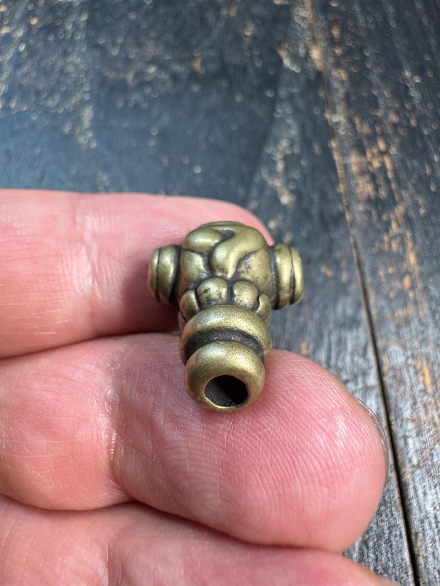 Vintage Brass Conch Guru Bead • Tibetan Mala Center Bead • Three Hole Guru Bead • Hand Cast Brass Spacer • Buddhist Prayer Bead Supply