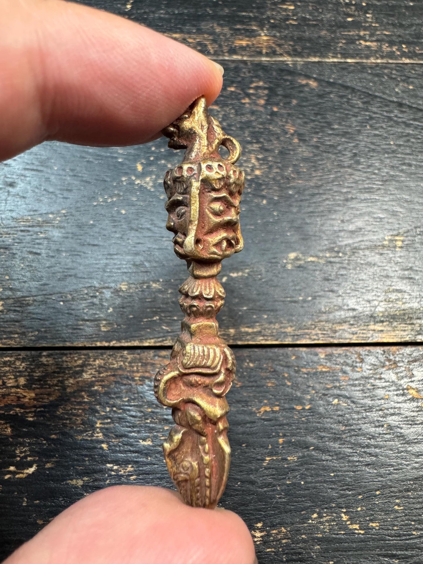 Vintage Brass Tibetan Phurba Pendant | Nepal Three-Faced Kila Vajrakilaya Ritual Amulet | Handmade Buddhist Protection Talisman(H729)