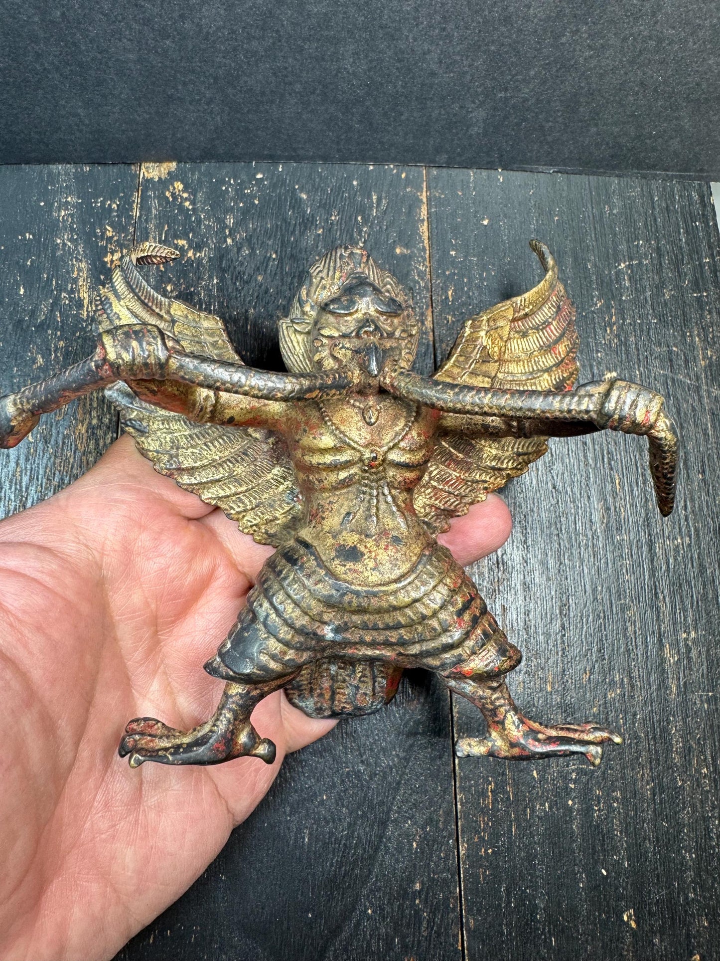 Old Tibetan Buddhism Temple Bronze Gilt Suparna Suparnin Bird Statue | Vintage Himalayan Garuda Figure | Buddhist Protector Deity Altar(H733