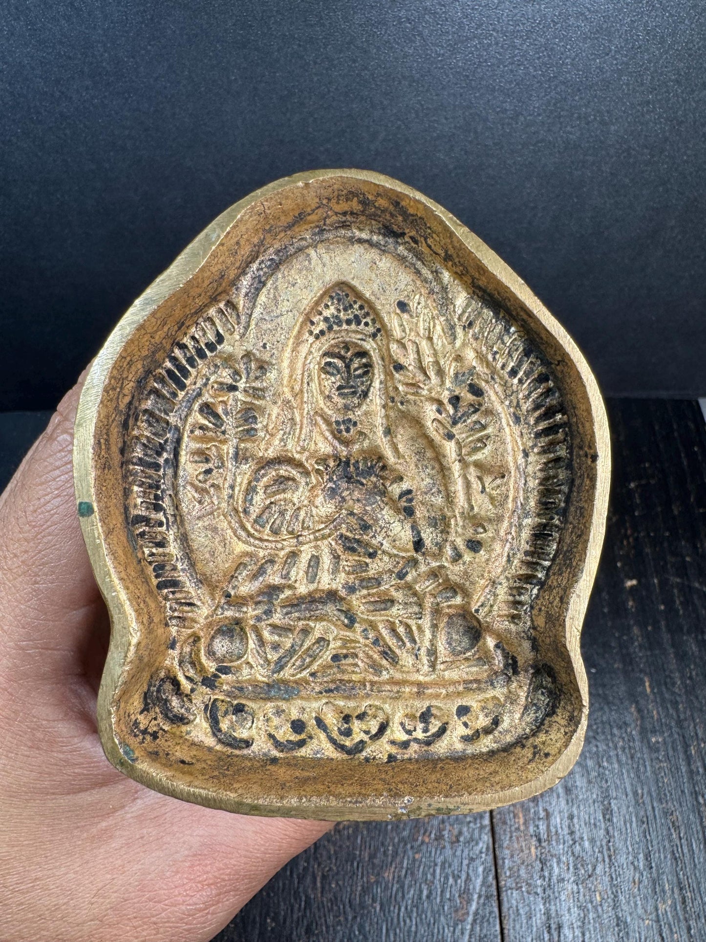 Vintage Tibetan Buddhist Bronze Mounted Wooden Ritual Mold | Tsa Tsa Mold | Himalayan Temple Religious Stamp | Buddhist Altar Artifact(H734)