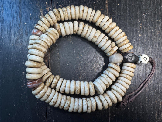 Vintage Tibetan Conch Shell Mala 108 Beads | Heavy Himalayan Prayer Beads Necklace | Carnelian Spacer Beads | Skull Finial | 560g(H715)