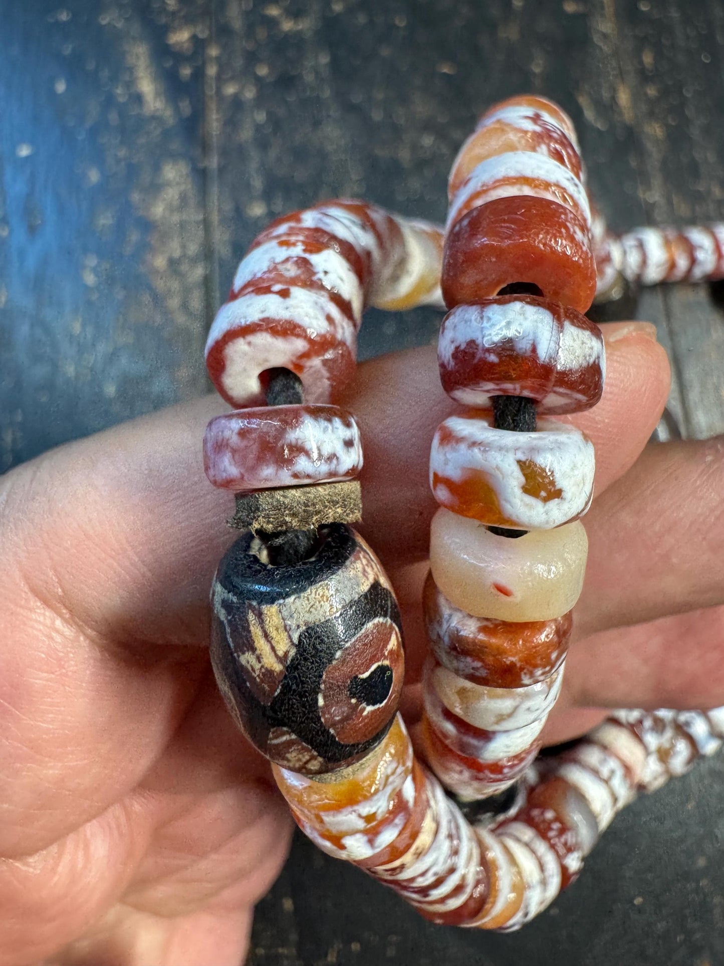 Vintage Tibetan Style Agate Mala Necklace, 108 Bead Prayer Mala, Red White Banded Agate Rondelle Beads, Adjustable Buddhist(H716)
