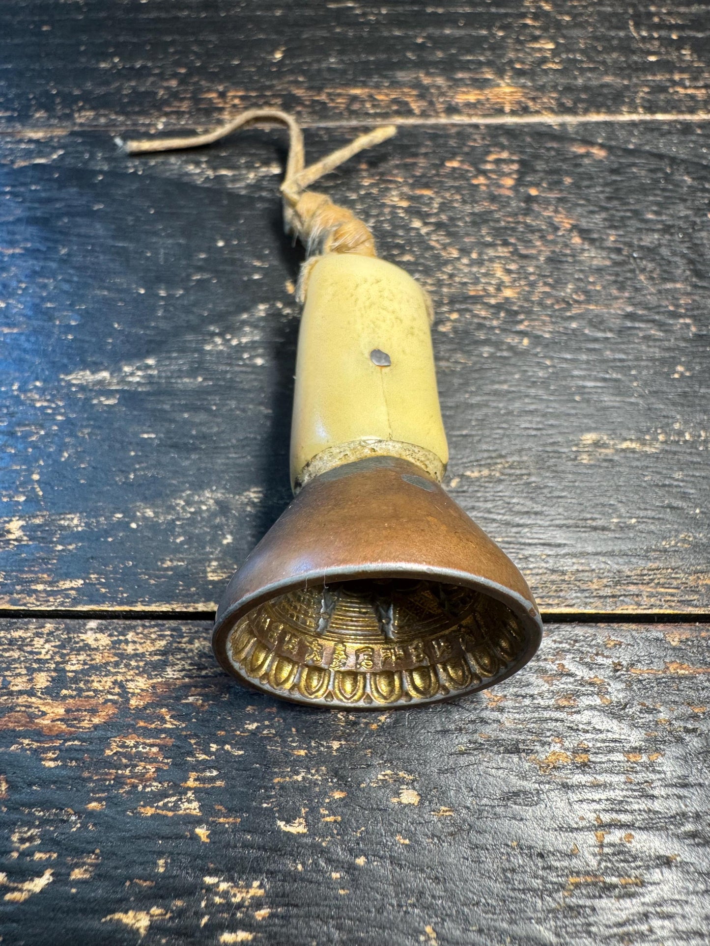 Tibetan Brass Ritual Bell with Yak Bone Handle – Hand Held Prayer Tool, Mantra Engraved Mandala, Himalayan Meditation Altar Object(H735)