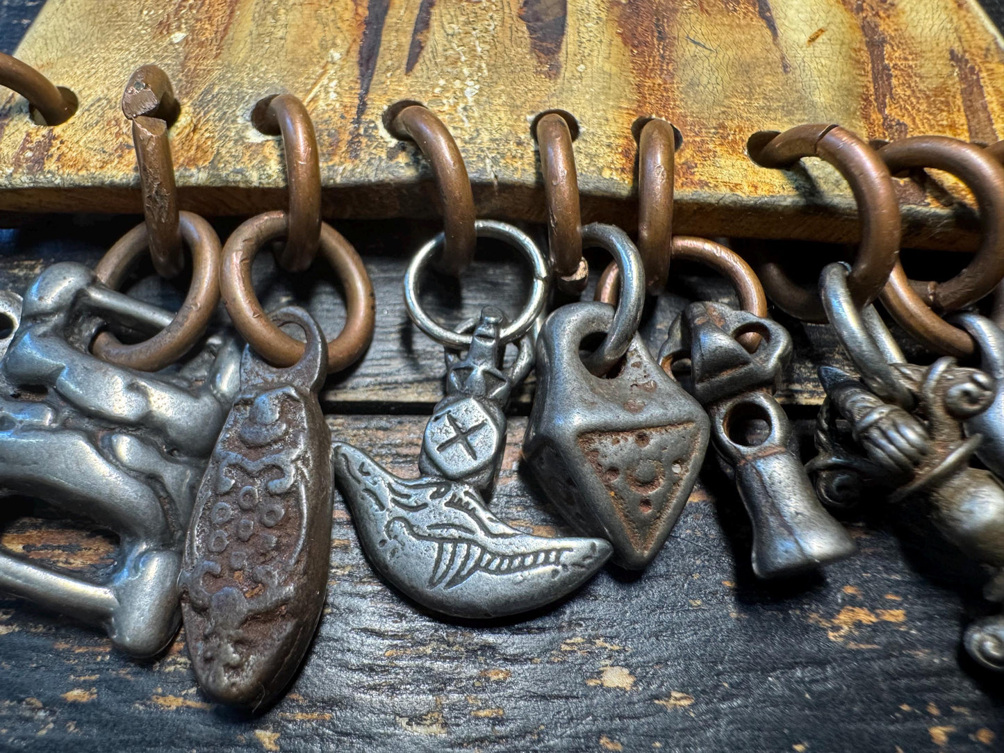 Vintage Himalayan Horn Charm Hanger with Cold Iron Amulets | Tibetan Nepal Tribal Protective Ornament | Folk Art Wall Hanging(H738)