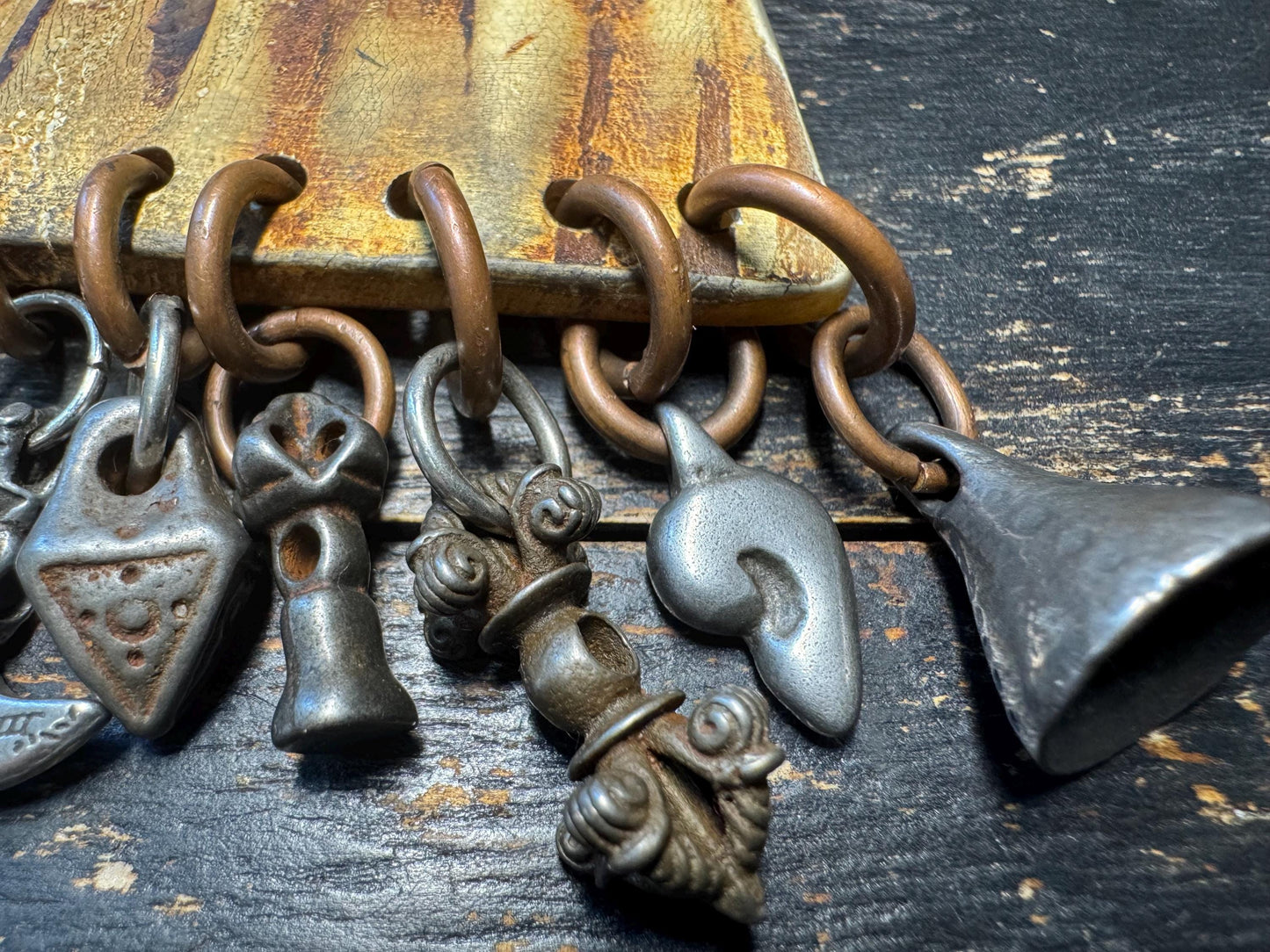 Vintage Himalayan Horn Charm Hanger with Cold Iron Amulets | Tibetan Nepal Tribal Protective Ornament | Folk Art Wall Hanging(H738)