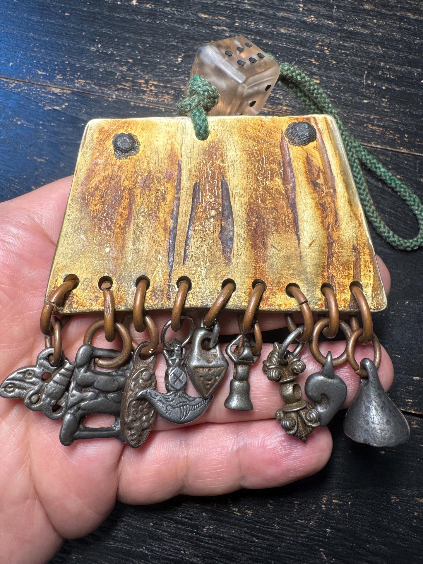 Vintage Himalayan Horn Charm Hanger with Cold Iron Amulets | Tibetan Nepal Tribal Protective Ornament | Folk Art Wall Hanging(H738)
