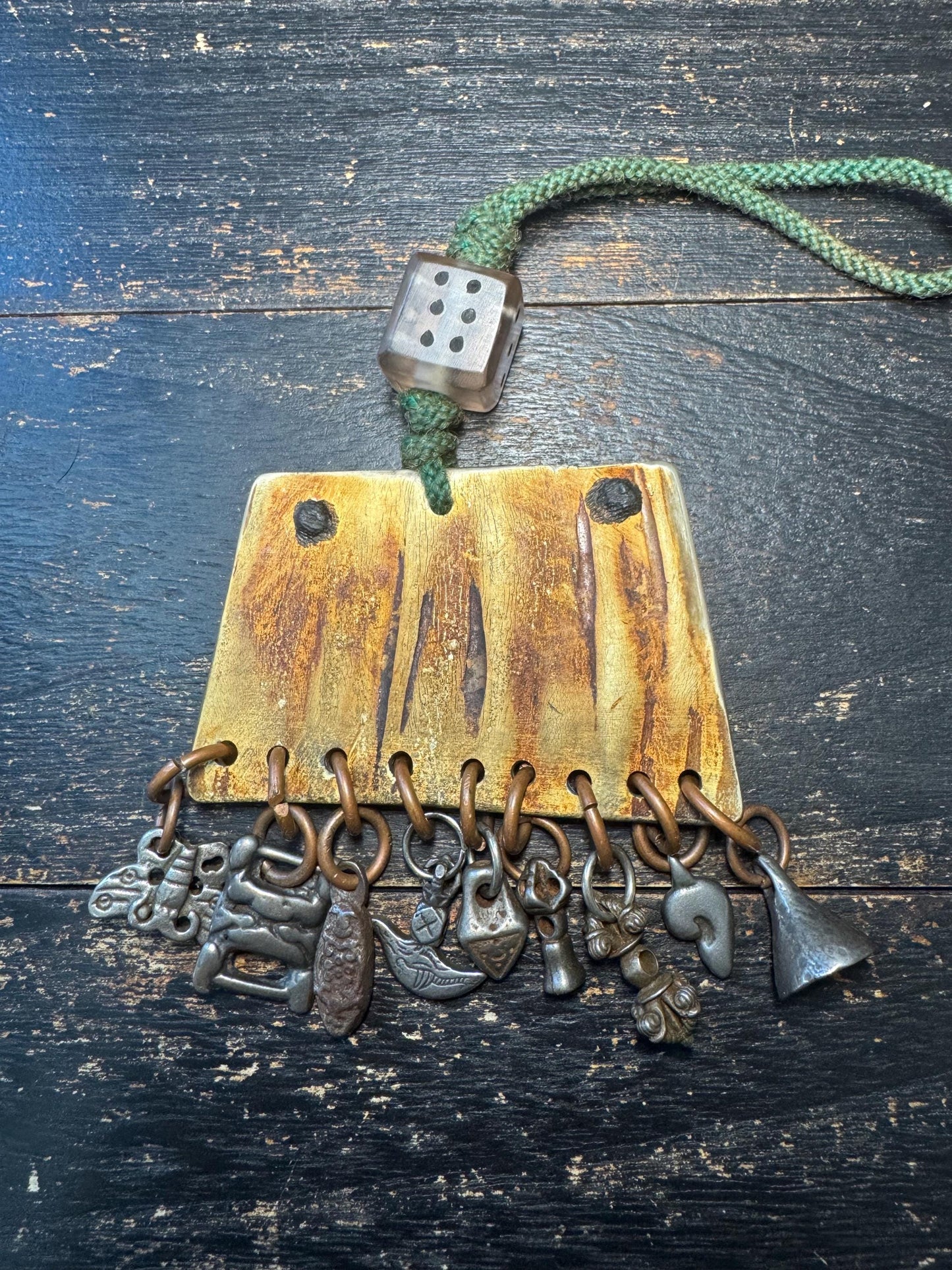 Vintage Himalayan Horn Charm Hanger with Cold Iron Amulets | Tibetan Nepal Tribal Protective Ornament | Folk Art Wall Hanging(H738)