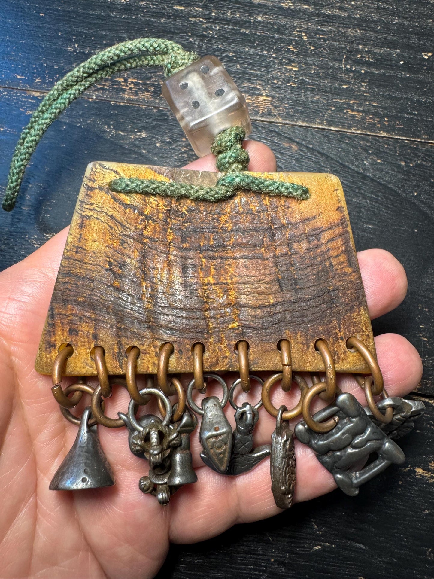 Vintage Himalayan Horn Charm Hanger with Cold Iron Amulets | Tibetan Nepal Tribal Protective Ornament | Folk Art Wall Hanging(H738)