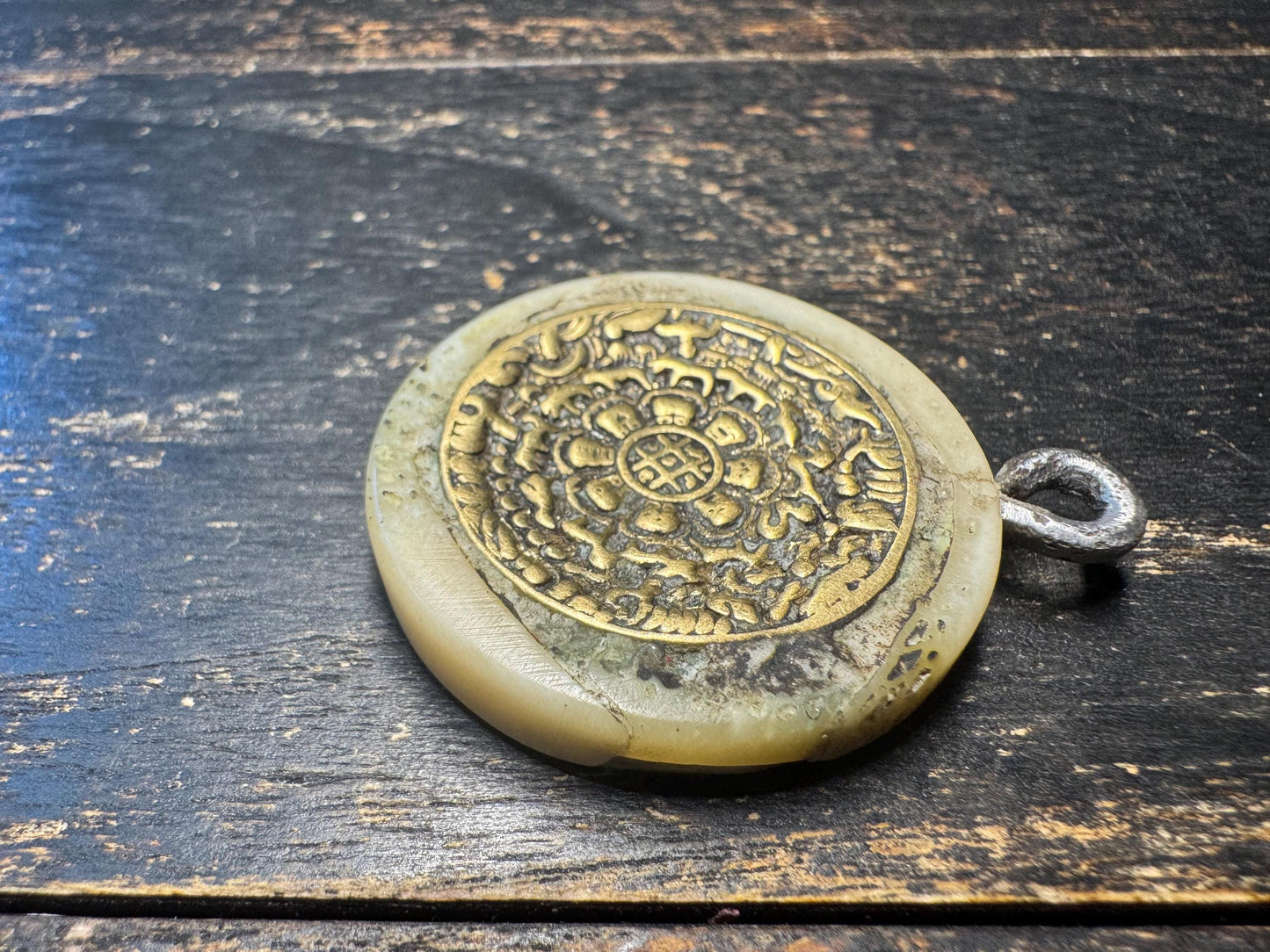 Tibetan Nine Palace Eight Trigrams Pendant, Brass Jiugong Bagua Amulet, Yak Bone Inlay Talisman, Protection Feng Shui Charm(H740)