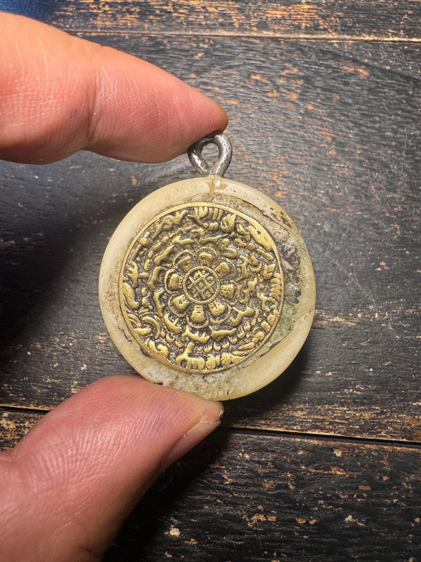 Tibetan Nine Palace Eight Trigrams Pendant, Brass Jiugong Bagua Amulet, Yak Bone Inlay Talisman, Protection Feng Shui Charm(H740)