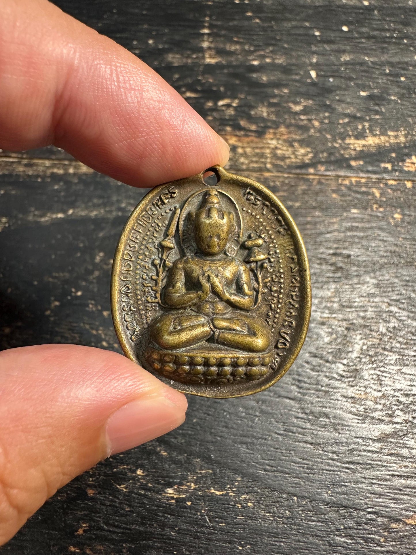 Vintage Brass Buddhist Pendant Double Sided Buddha Amulet Tibetan Nepal Meditation Charm Sanskrit Prayer Talisman(H744)