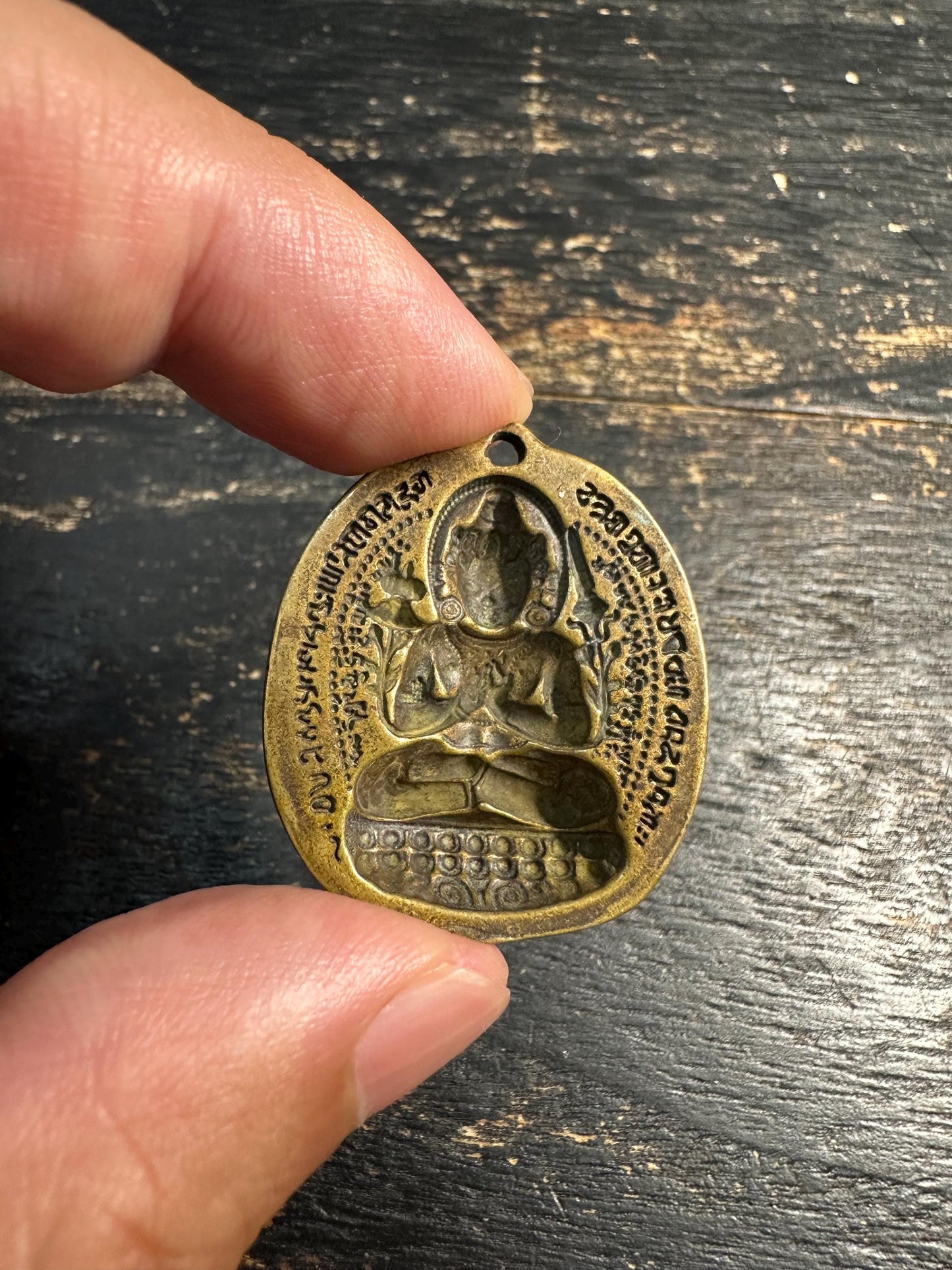 Vintage Brass Buddhist Pendant Double Sided Buddha Amulet Tibetan Nepal Meditation Charm Sanskrit Prayer Talisman(H744)