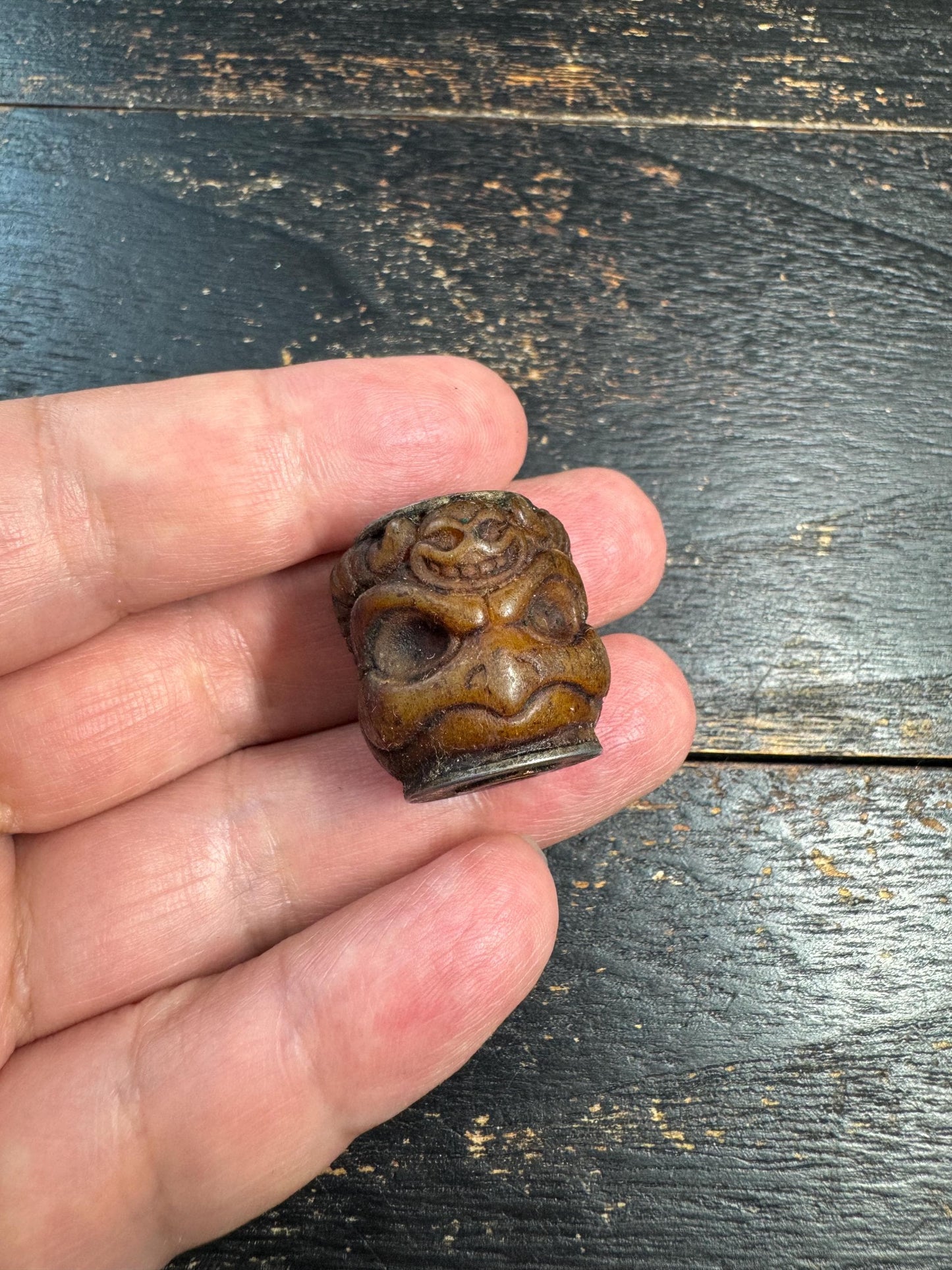Vintage Nepal Tibetan Carved Yak Bone Garuda & Citipati Skull Bead, Double-Sided Buddhist Talisman, Mala Guru Bead, Protective Amulet(H726)