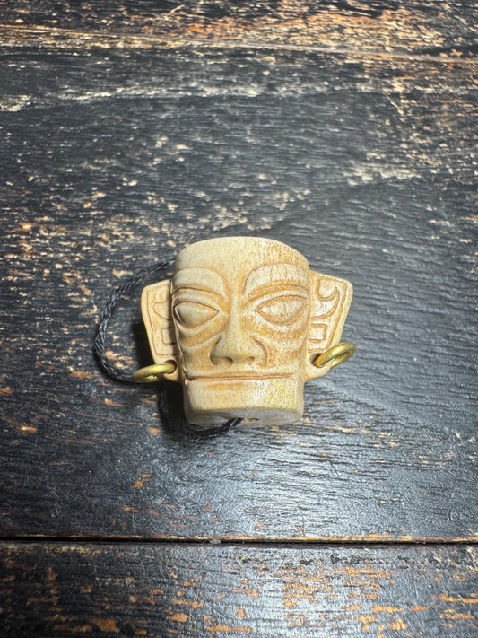 Vintage Hand Carved Deer Antler Tribal Face Guru Bead, Ethnic Mask Mala Center Bead, Himalayan Style Prayer Bead, Natural Antler Jewel(H755)