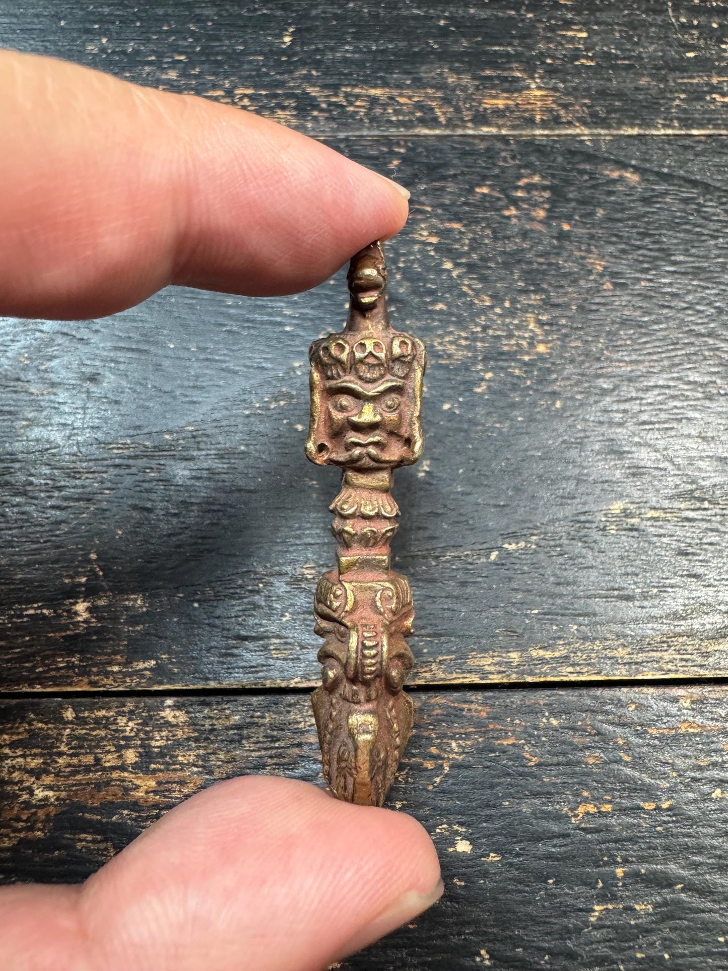 Vintage Brass Tibetan Phurba Pendant | Nepal Three-Faced Kila Vajrakilaya Ritual Amulet | Handmade Buddhist Protection Talisman(H729)