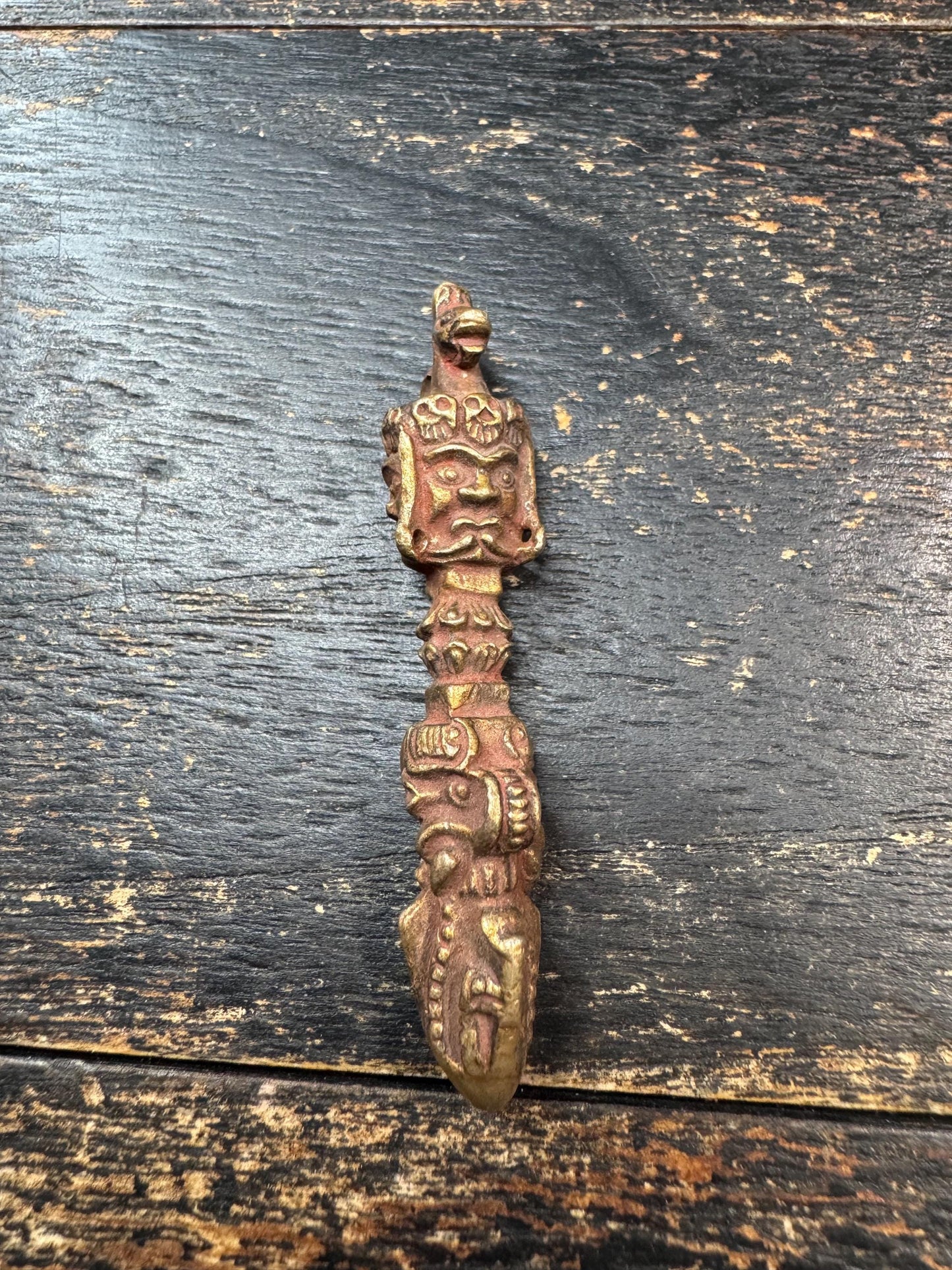 Vintage Brass Tibetan Phurba Pendant | Nepal Three-Faced Kila Vajrakilaya Ritual Amulet | Handmade Buddhist Protection Talisman(H729)