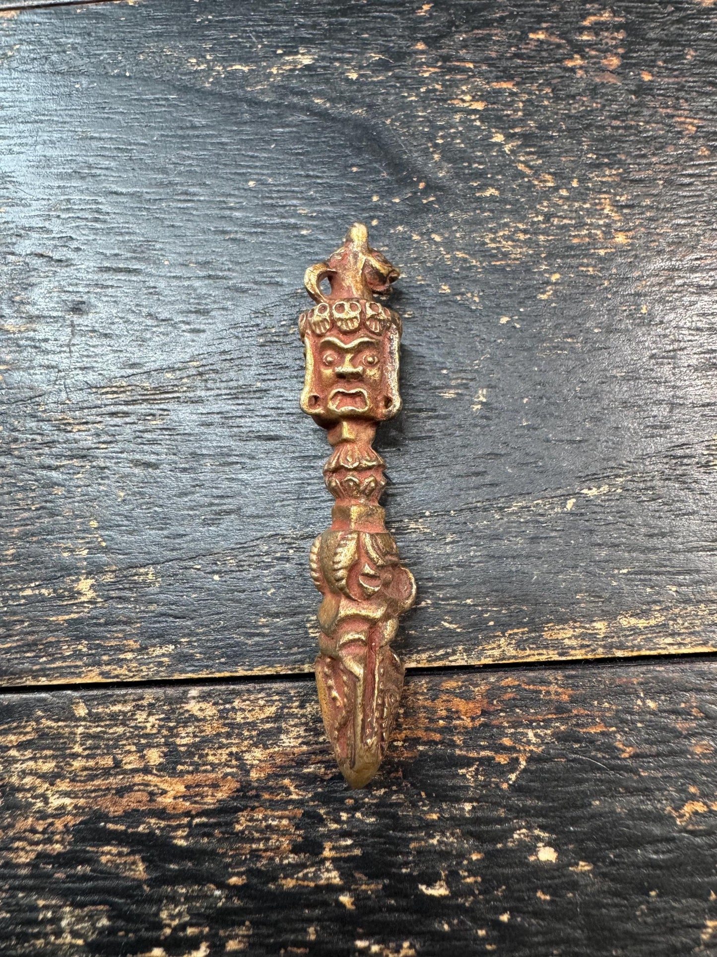 Vintage Brass Tibetan Phurba Pendant | Nepal Three-Faced Kila Vajrakilaya Ritual Amulet | Handmade Buddhist Protection Talisman(H729)