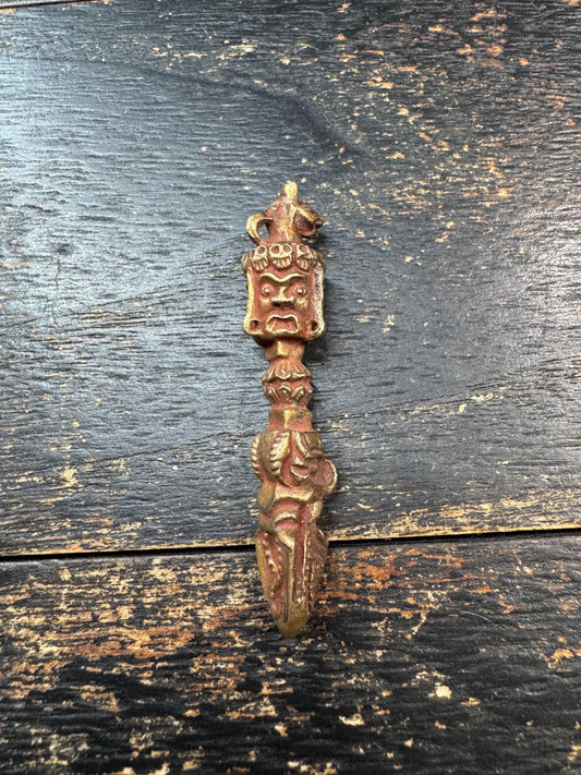 Vintage Brass Tibetan Phurba Pendant | Nepal Three-Faced Kila Vajrakilaya Ritual Amulet | Handmade Buddhist Protection Talisman(H729)