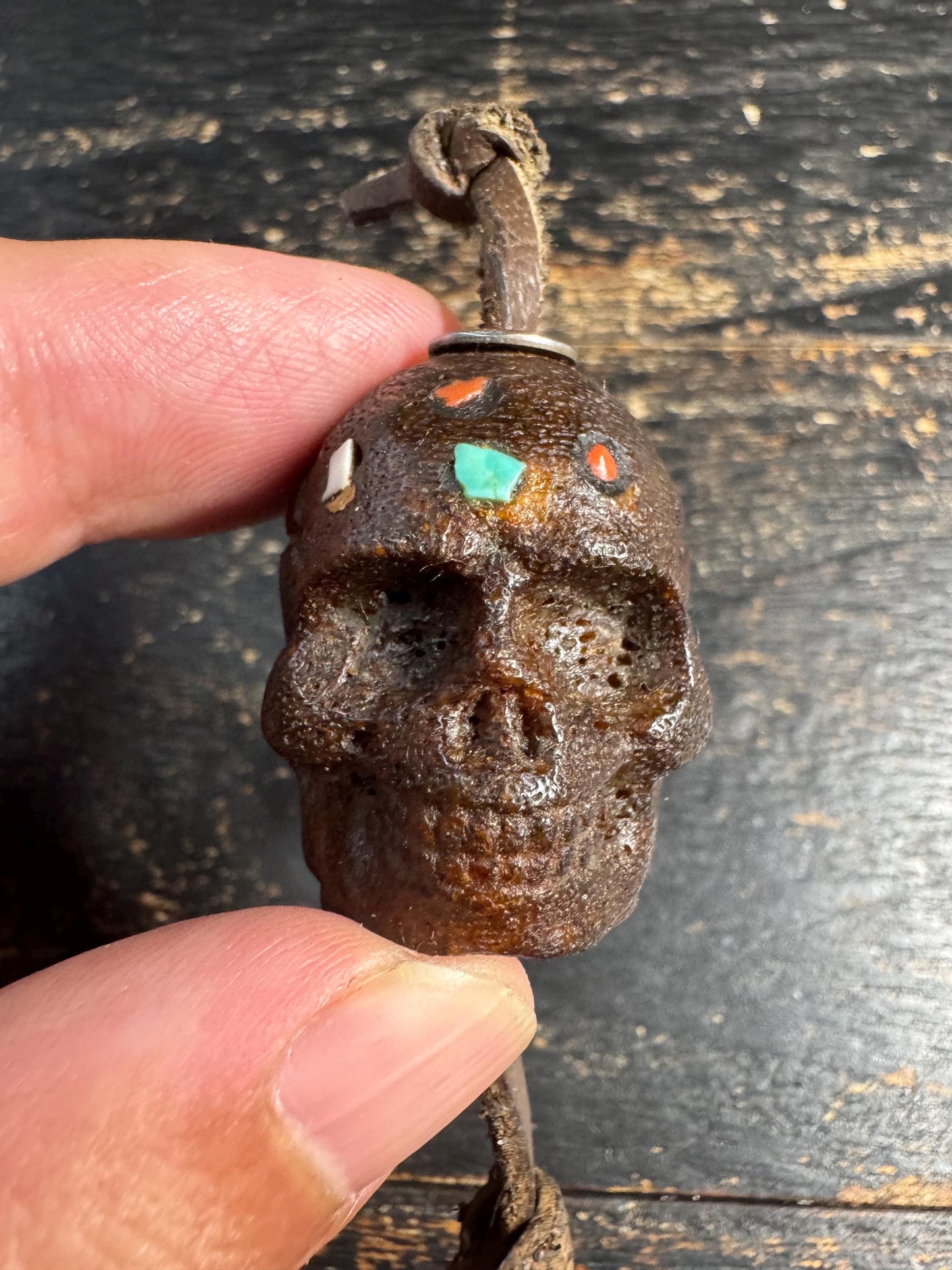 Hand Carved Skull Guru Bead with Turquoise & Coral Inlay | Natural Bone Focal Bead | Tibetan Style Mala Guru Bead | Pendant for Jewelry(H759