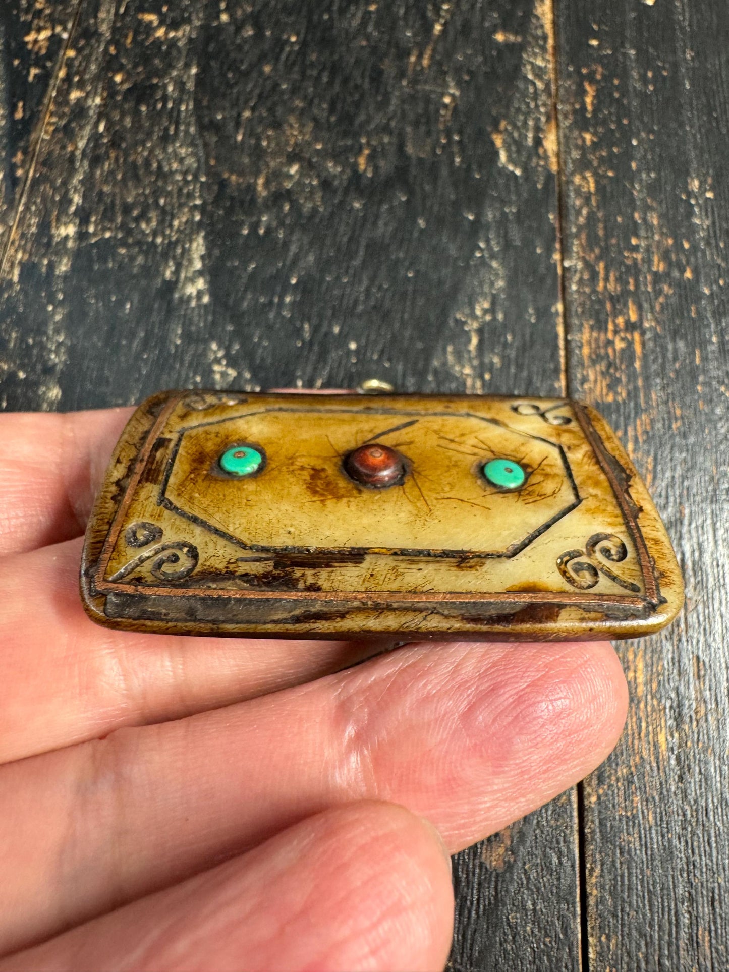 Hand Carved Yak Bone Amulet Pendant with Turquoise & Coral Inlay | Tibetan Style Protective Charm | Himalayan Tribal Pendant (H760)