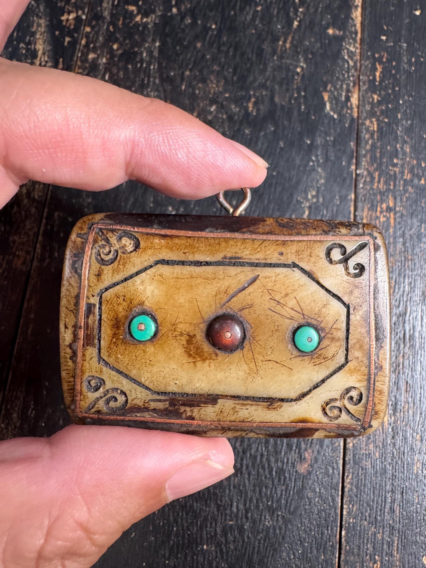 Hand Carved Yak Bone Amulet Pendant with Turquoise & Coral Inlay | Tibetan Style Protective Charm | Himalayan Tribal Pendant (H760)