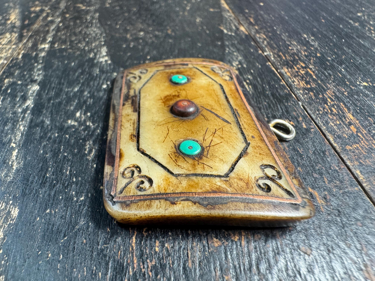 Hand Carved Yak Bone Amulet Pendant with Turquoise & Coral Inlay | Tibetan Style Protective Charm | Himalayan Tribal Pendant (H760)