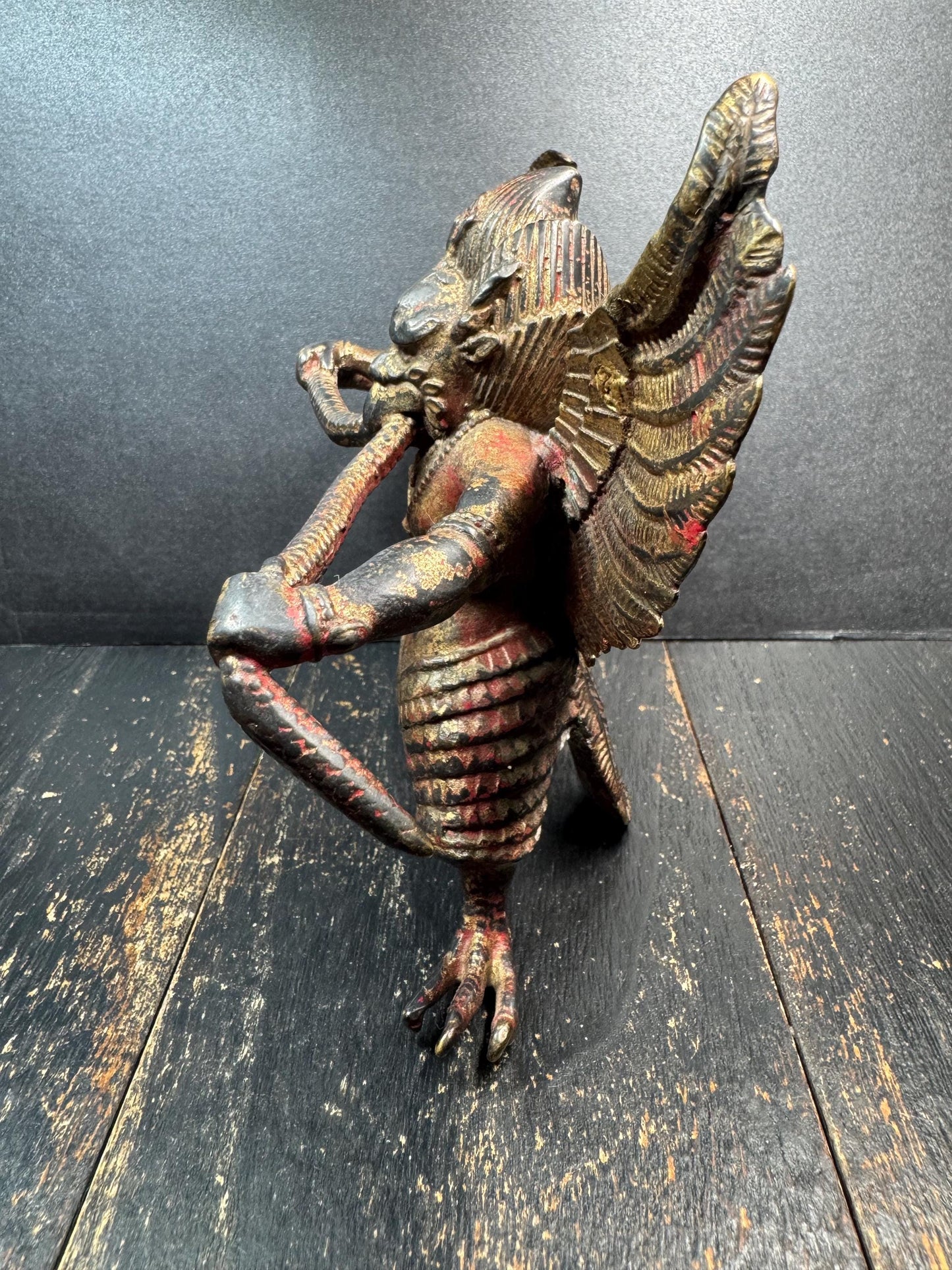 Old Tibetan Buddhism Temple Bronze Gilt Suparna Suparnin Bird Statue | Vintage Himalayan Garuda Figure | Buddhist Protector Deity Altar(H733
