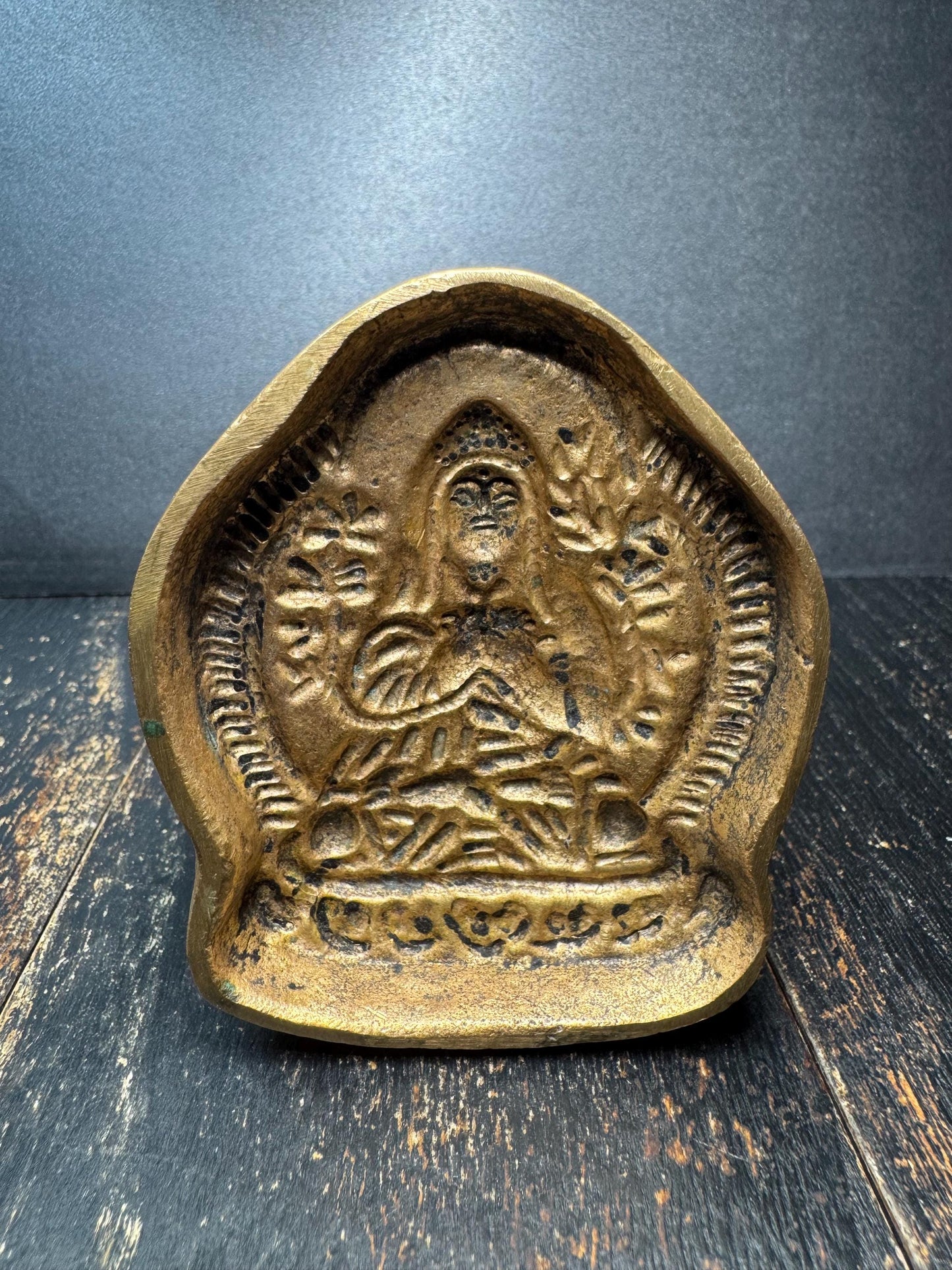 Vintage Tibetan Buddhist Bronze Mounted Wooden Ritual Mold | Tsa Tsa Mold | Himalayan Temple Religious Stamp | Buddhist Altar Artifact(H734)