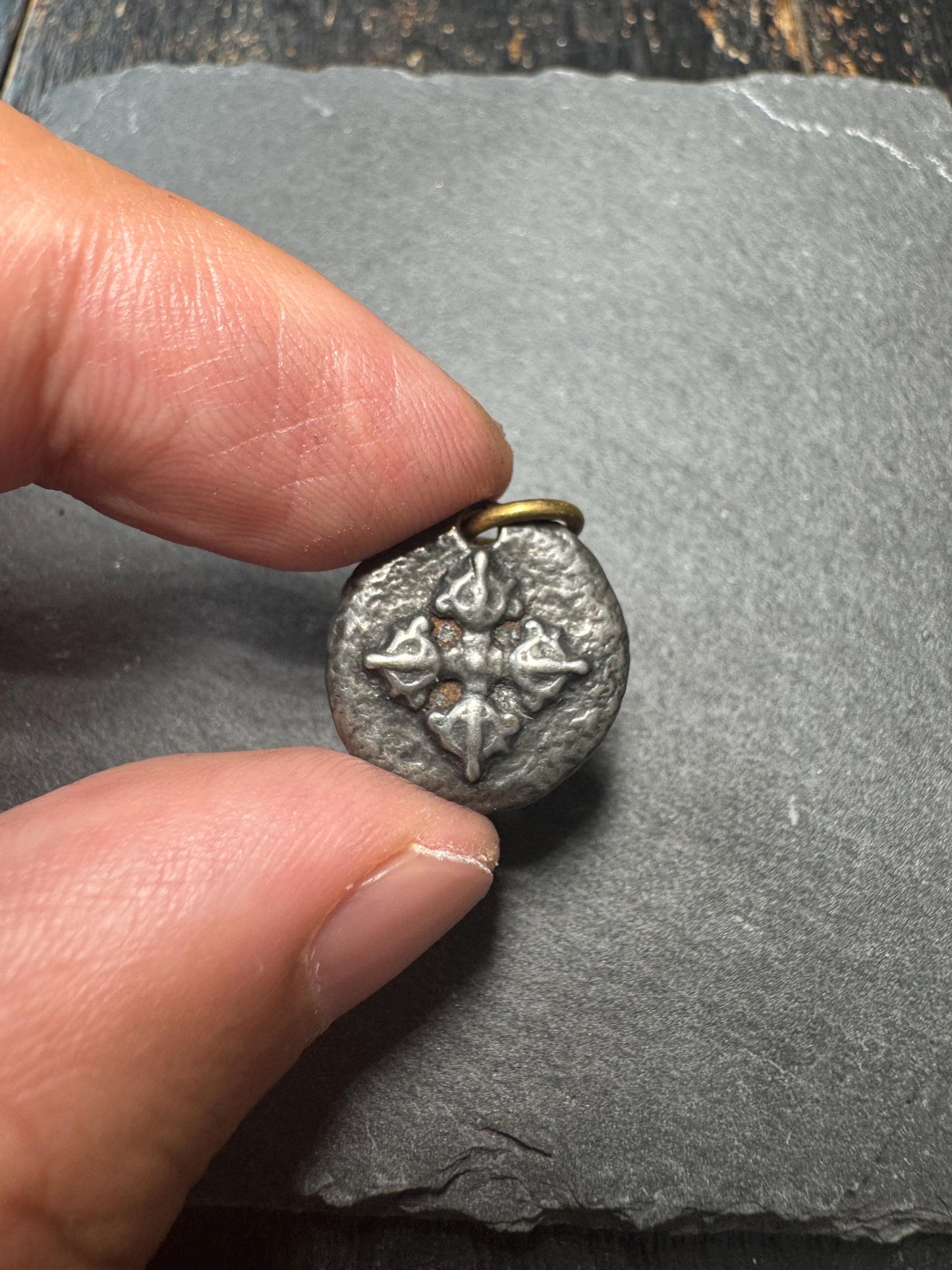 Vintage Cold Iron Jambhala Pendant | Tibetan Vajra Amulet | Buddhist Good Luck Charm | Double Vajra Protection Pendant(H766)