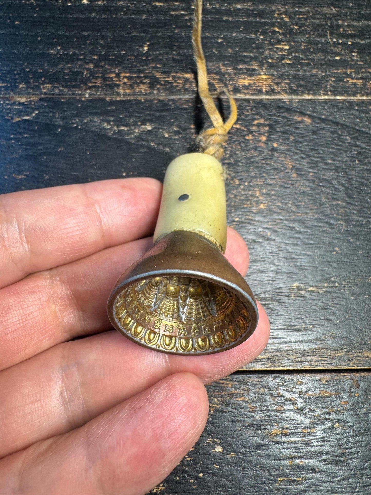 Tibetan Brass Ritual Bell with Yak Bone Handle – Hand Held Prayer Tool, Mantra Engraved Mandala, Himalayan Meditation Altar Object(H735)