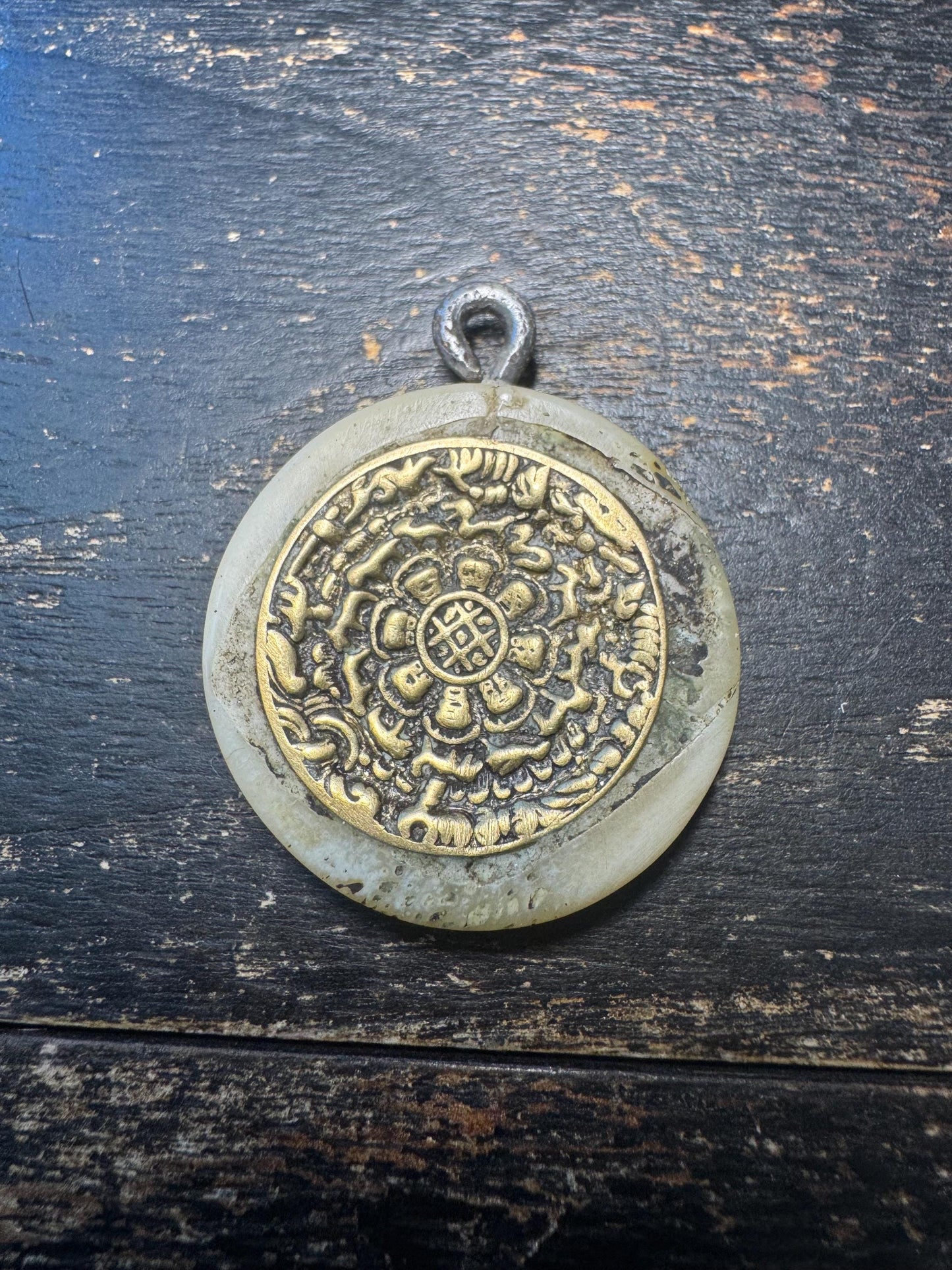 Tibetan Nine Palace Eight Trigrams Pendant, Brass Jiugong Bagua Amulet, Yak Bone Inlay Talisman, Protection Feng Shui Charm(H740)