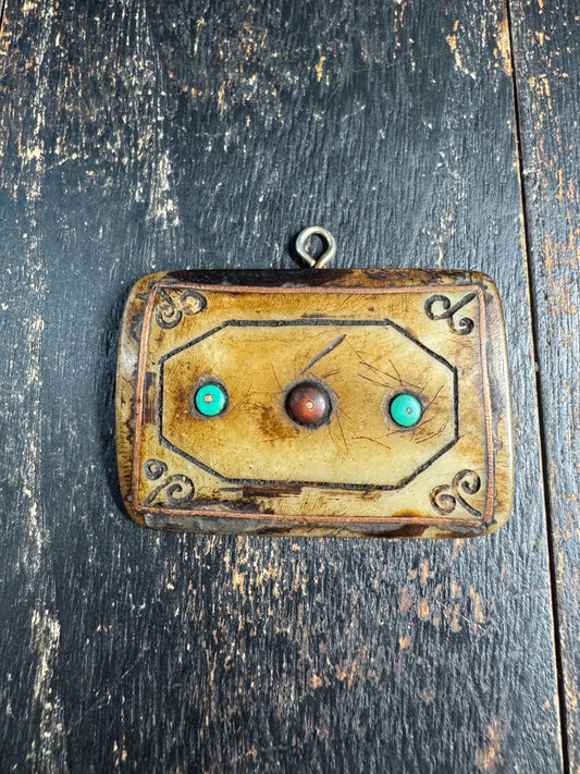 Hand Carved Yak Bone Amulet Pendant with Turquoise & Coral Inlay | Tibetan Style Protective Charm | Himalayan Tribal Pendant (H760)