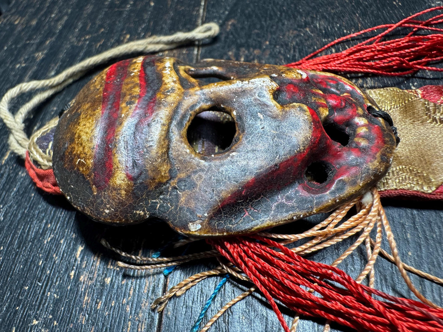 Antique Tibetan Citipati Skull Mask Amulet | Charnel Ground Wrathful Protector Gau with Silk Brocade, Ritual Buddhist Talisman(H783)