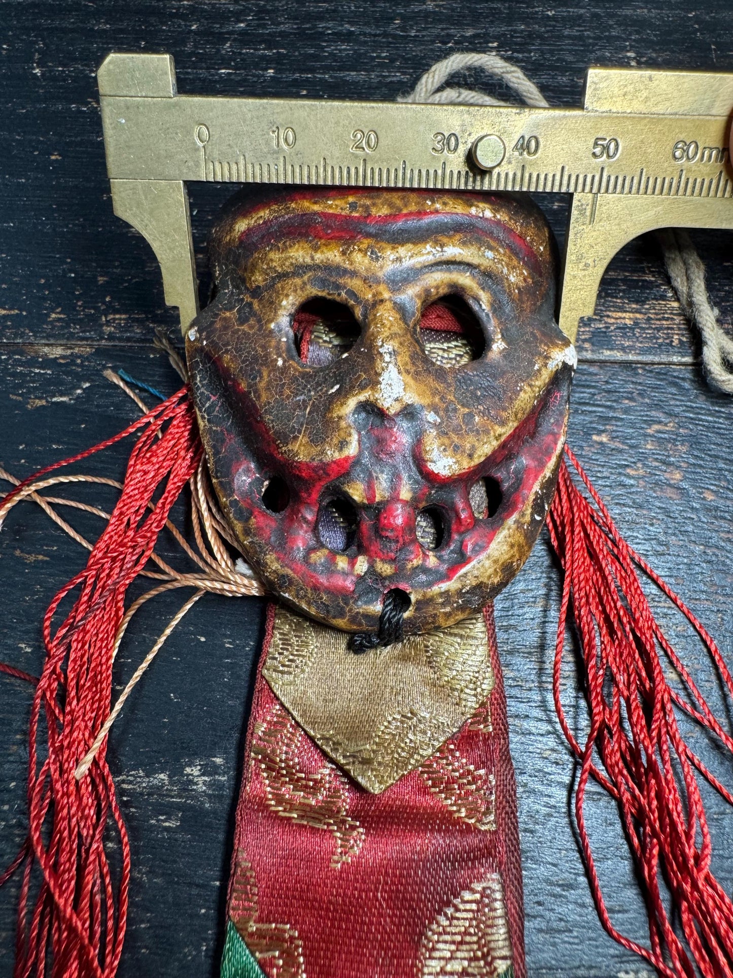 Antique Tibetan Citipati Skull Mask Amulet | Charnel Ground Wrathful Protector Gau with Silk Brocade, Ritual Buddhist Talisman(H783)