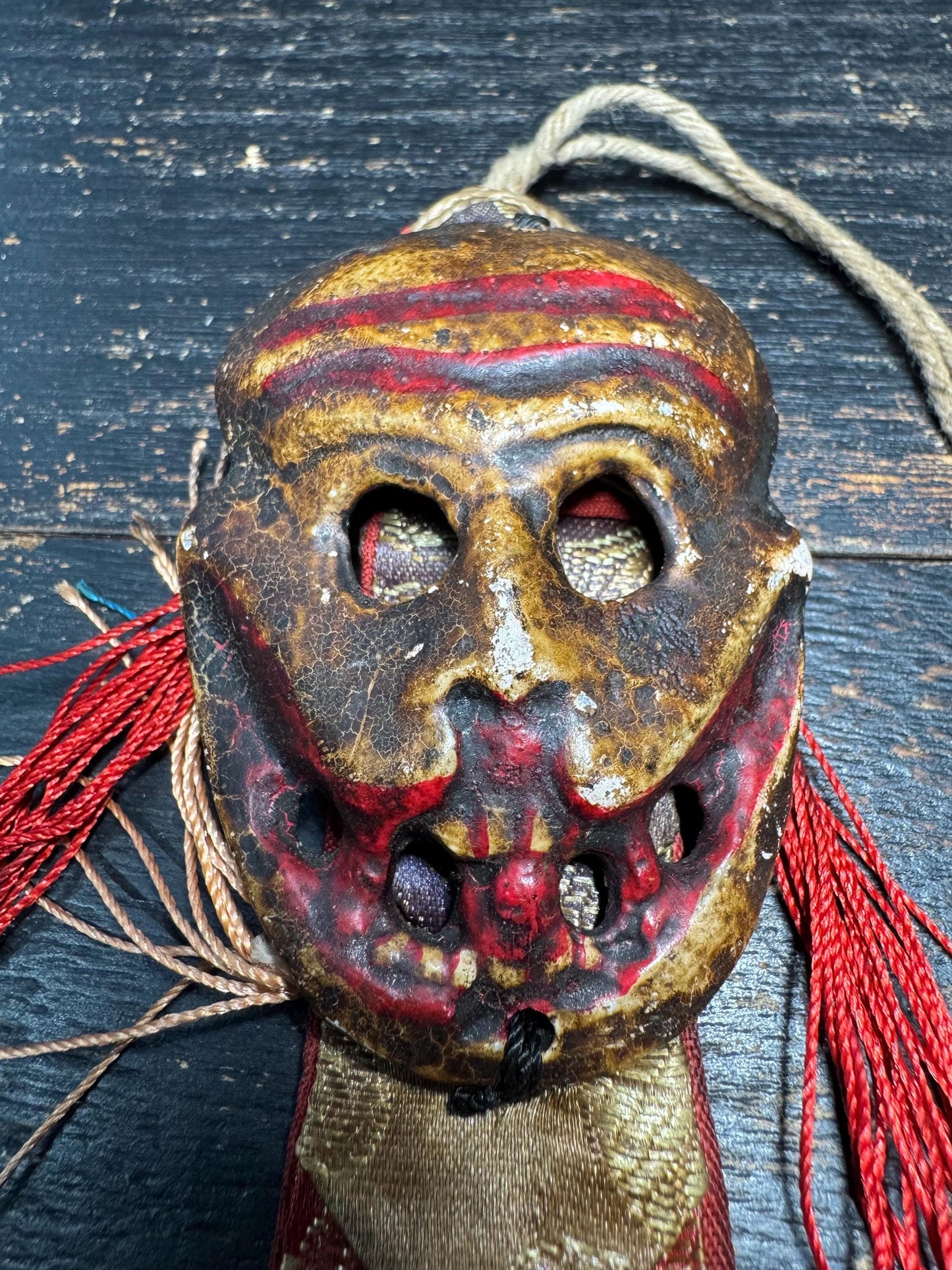 Antique Tibetan Citipati Skull Mask Amulet | Charnel Ground Wrathful Protector Gau with Silk Brocade, Ritual Buddhist Talisman(H783)