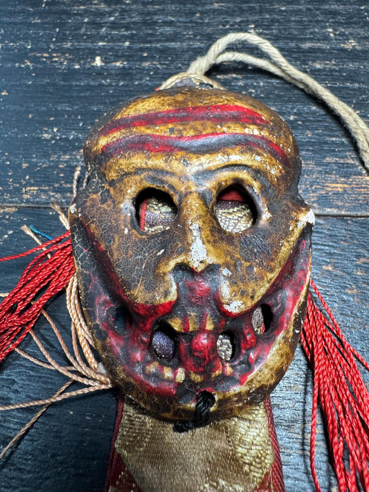 Antique Tibetan Citipati Skull Mask Amulet | Charnel Ground Wrathful Protector Gau with Silk Brocade, Ritual Buddhist Talisman(H783)