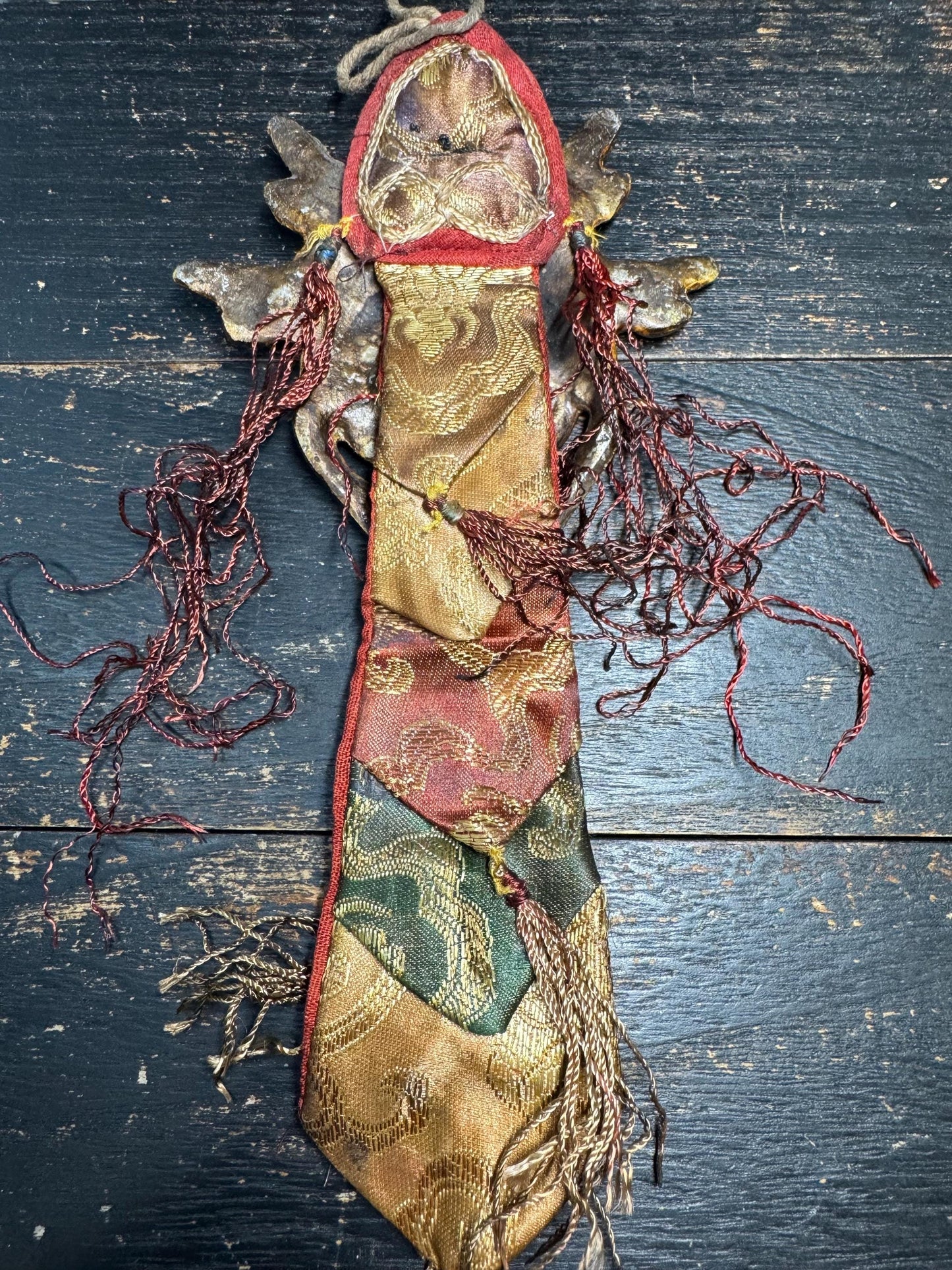 Antique Tibetan Mahakala Skull Crown Mask Amulet | Wrathful Protector Hanging, Silk Brocade Ritual Talisman, Himalayan Buddhist Art(H784)