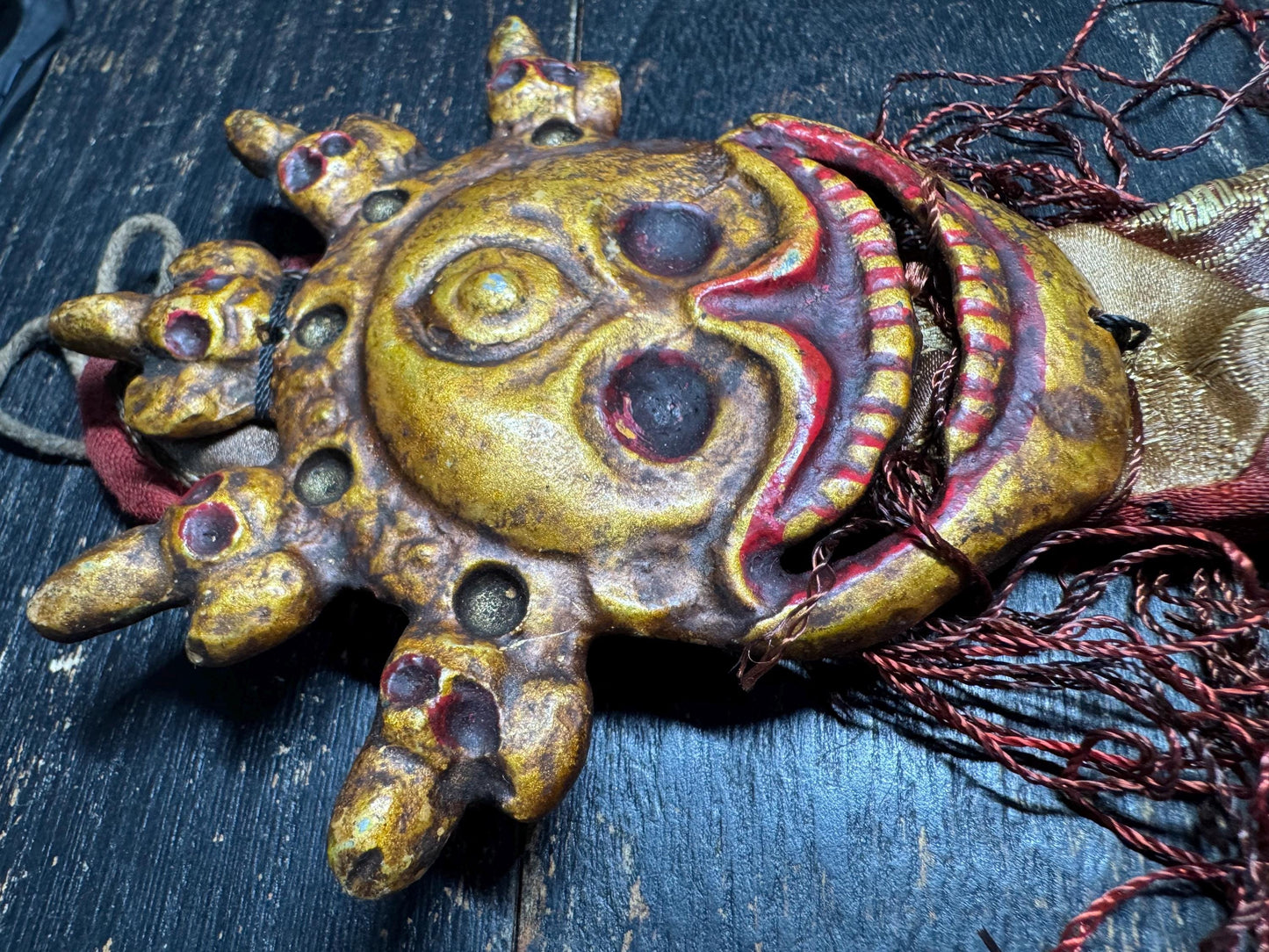 Antique Tibetan Mahakala Skull Crown Mask Amulet | Wrathful Protector Hanging, Silk Brocade Ritual Talisman, Himalayan Buddhist Art(H784)