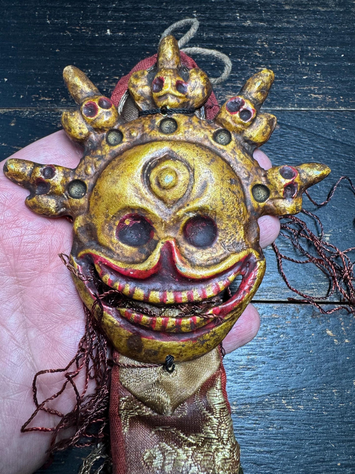 Antique Tibetan Mahakala Skull Crown Mask Amulet | Wrathful Protector Hanging, Silk Brocade Ritual Talisman, Himalayan Buddhist Art(H784)