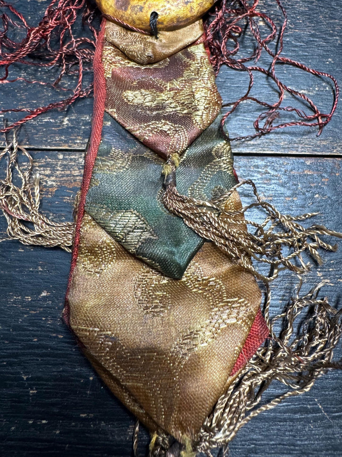 Antique Tibetan Mahakala Skull Crown Mask Amulet | Wrathful Protector Hanging, Silk Brocade Ritual Talisman, Himalayan Buddhist Art(H784)