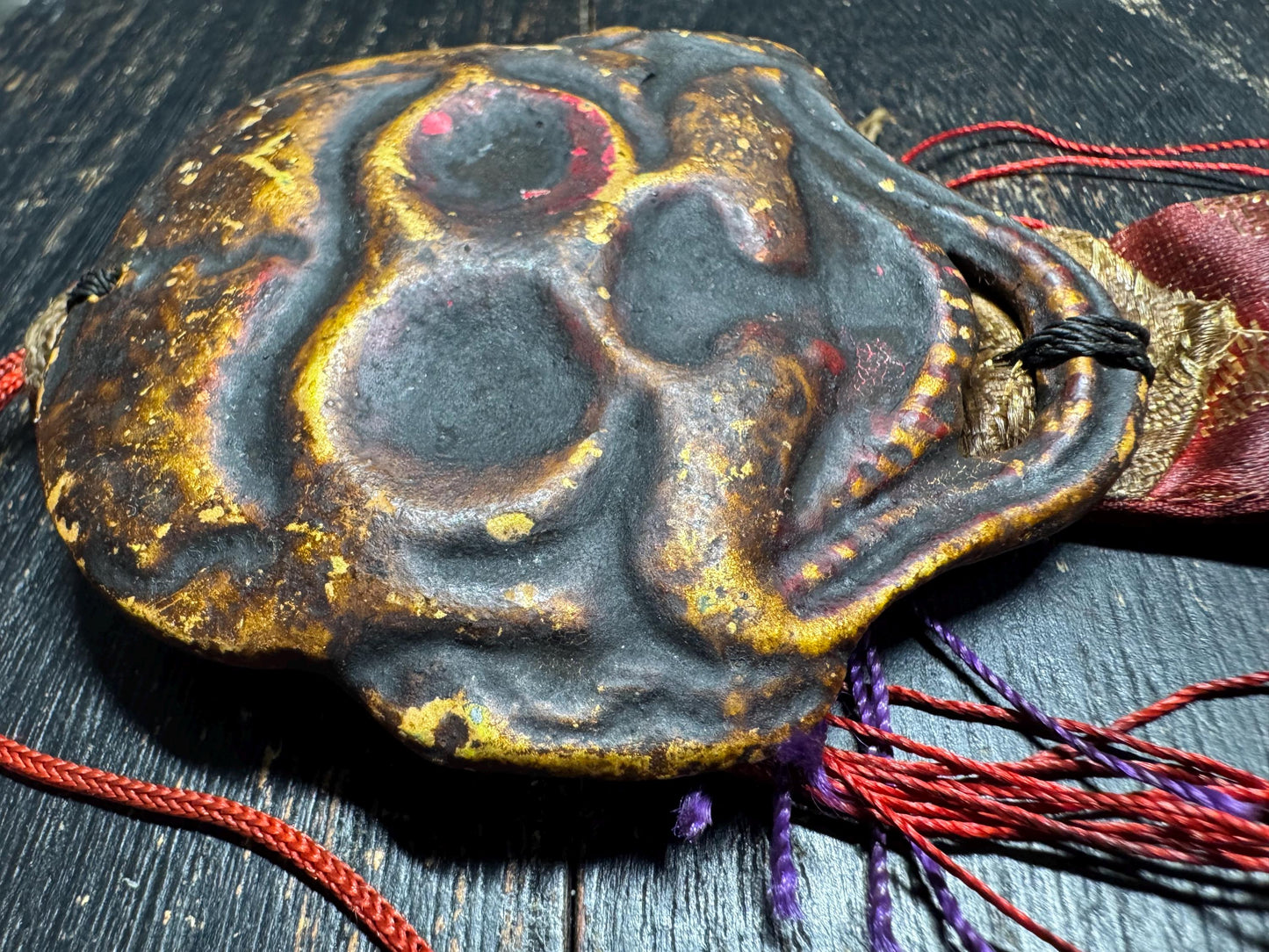 Antique Tibetan Wrathful Protector Mask Amulet | Himalayan Ritual Hanging, Hand Painted Guardian Mask, Silk Brocade Buddhist Talisman(H785)
