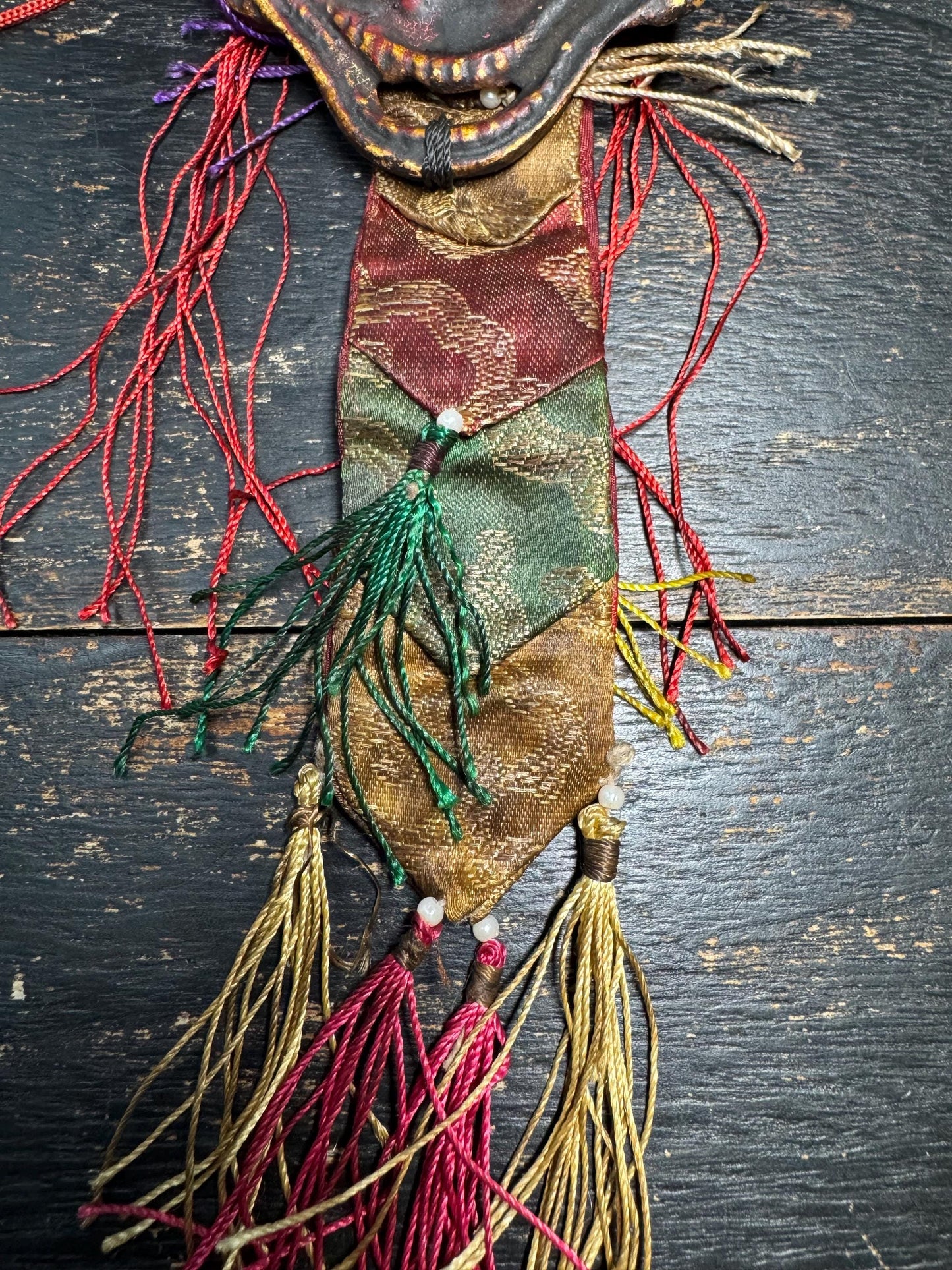 Antique Tibetan Wrathful Protector Mask Amulet | Himalayan Ritual Hanging, Hand Painted Guardian Mask, Silk Brocade Buddhist Talisman(H785)